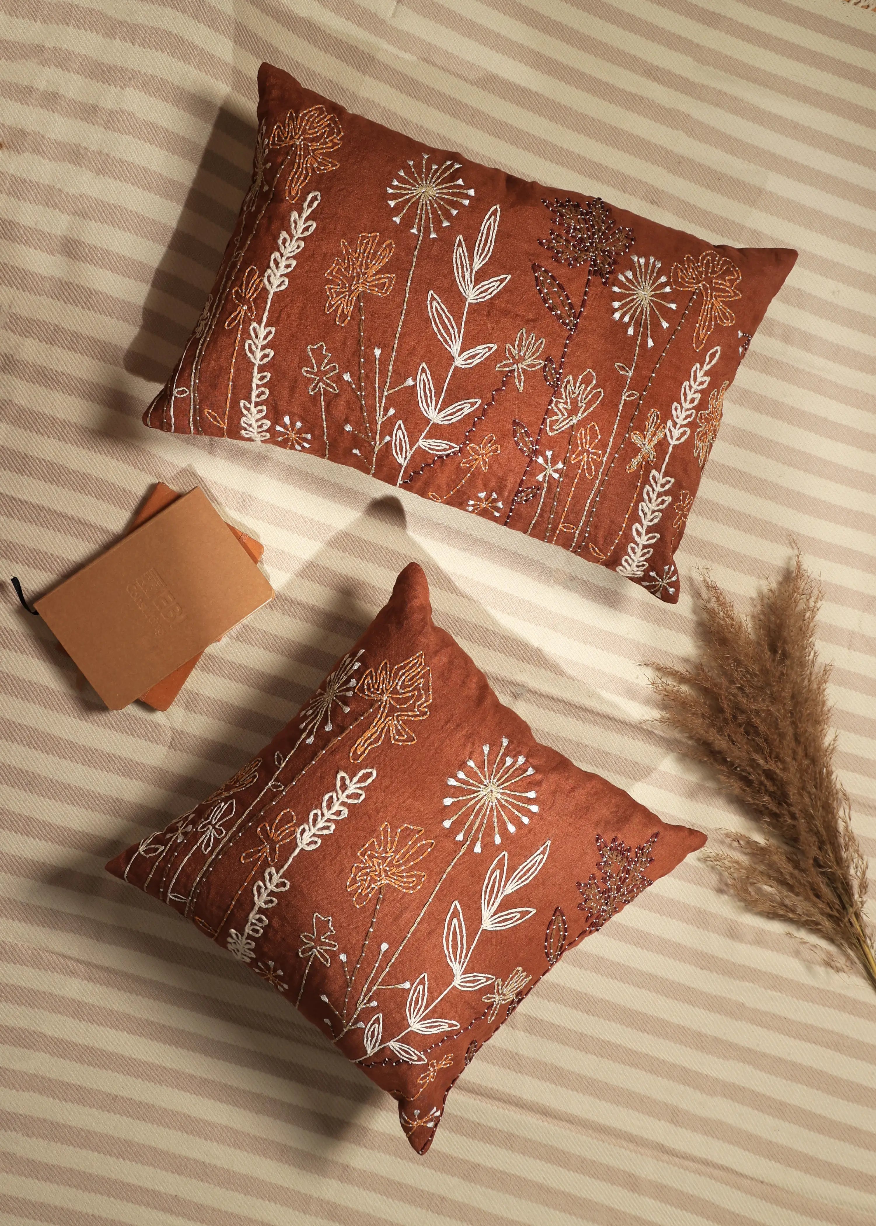Linen Floral Embroidered Lumbar Pillow