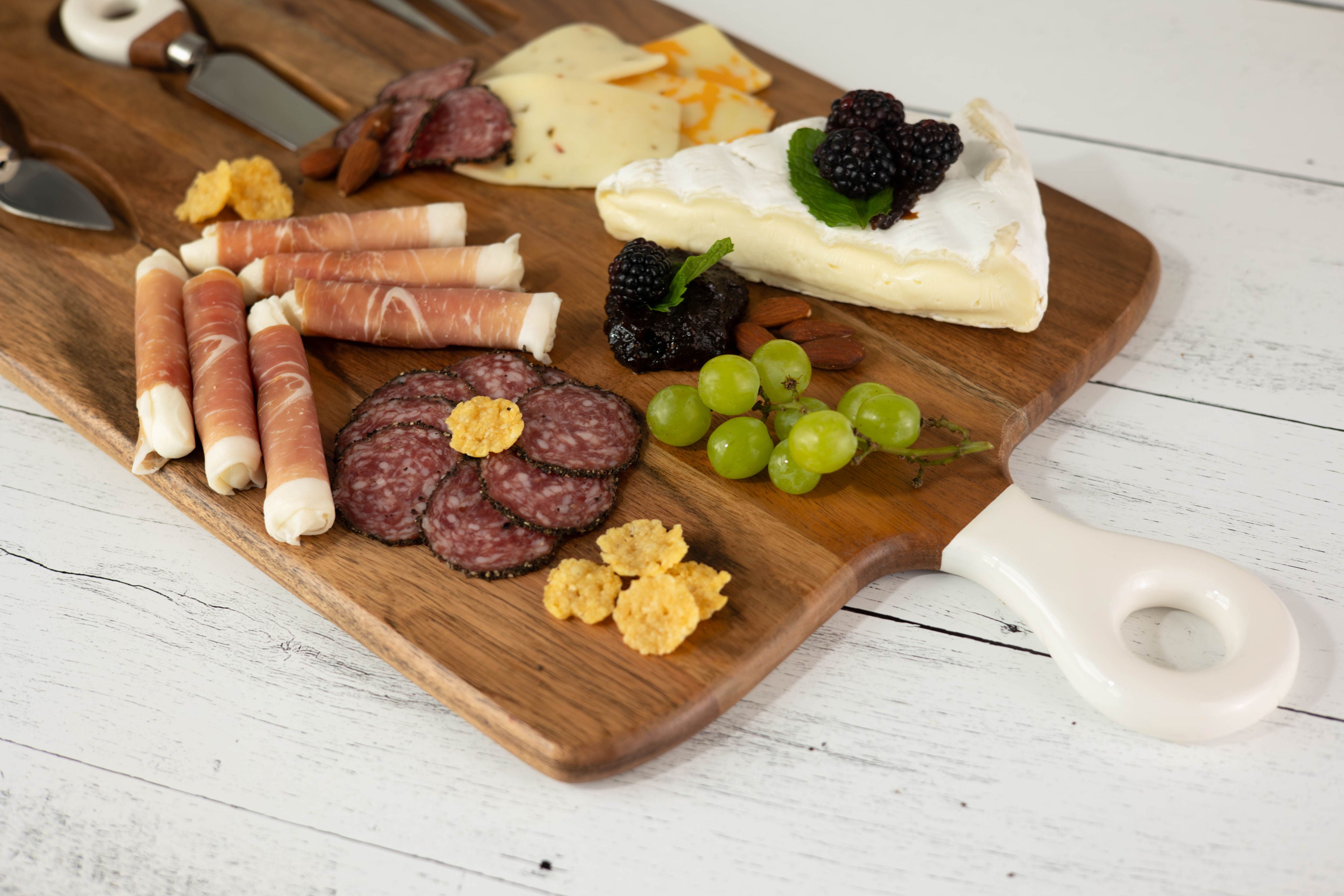 Jeanne Fitz Wood + White Collection Acacia Wood Board with Inlaid Knives