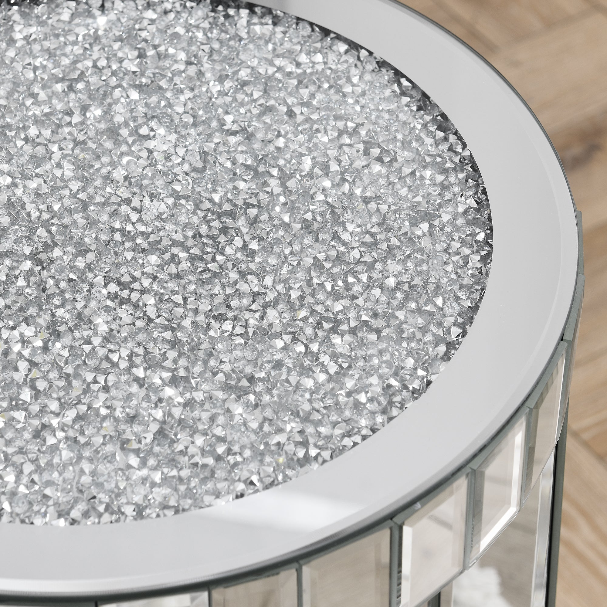 Mirror Round Side Table with Crystal Inlay and Storage Space