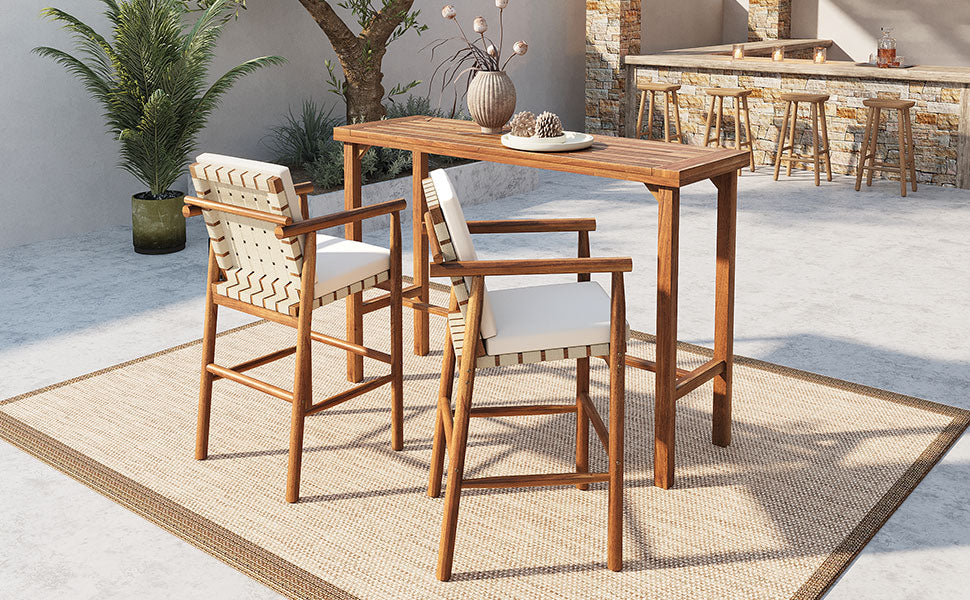 3 Piece Outdoor Bar Set with Acacia Wood Bar Height Table & 2 Stools with Cushions