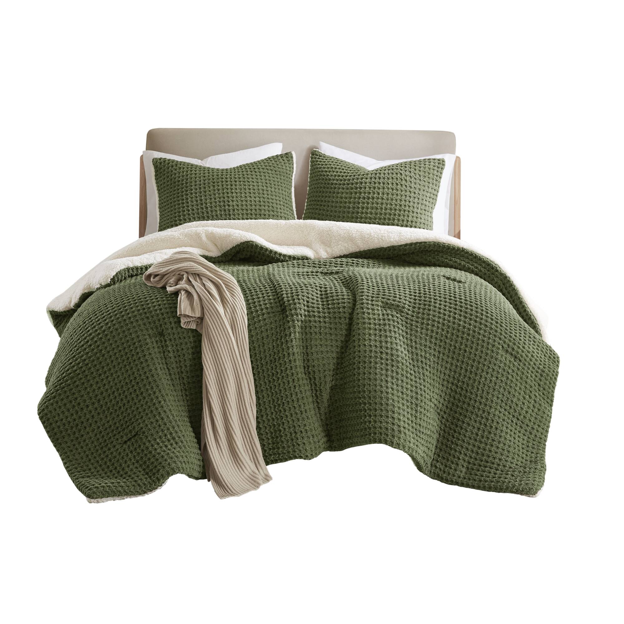 2 Piece Olive Waffle Knit Chenille Comforter Set