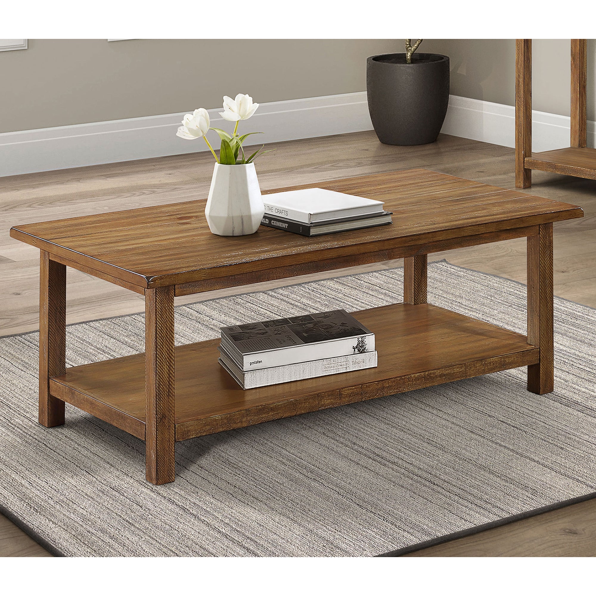 Castleton Distressed Brown Wood Coffee Table with Shelf