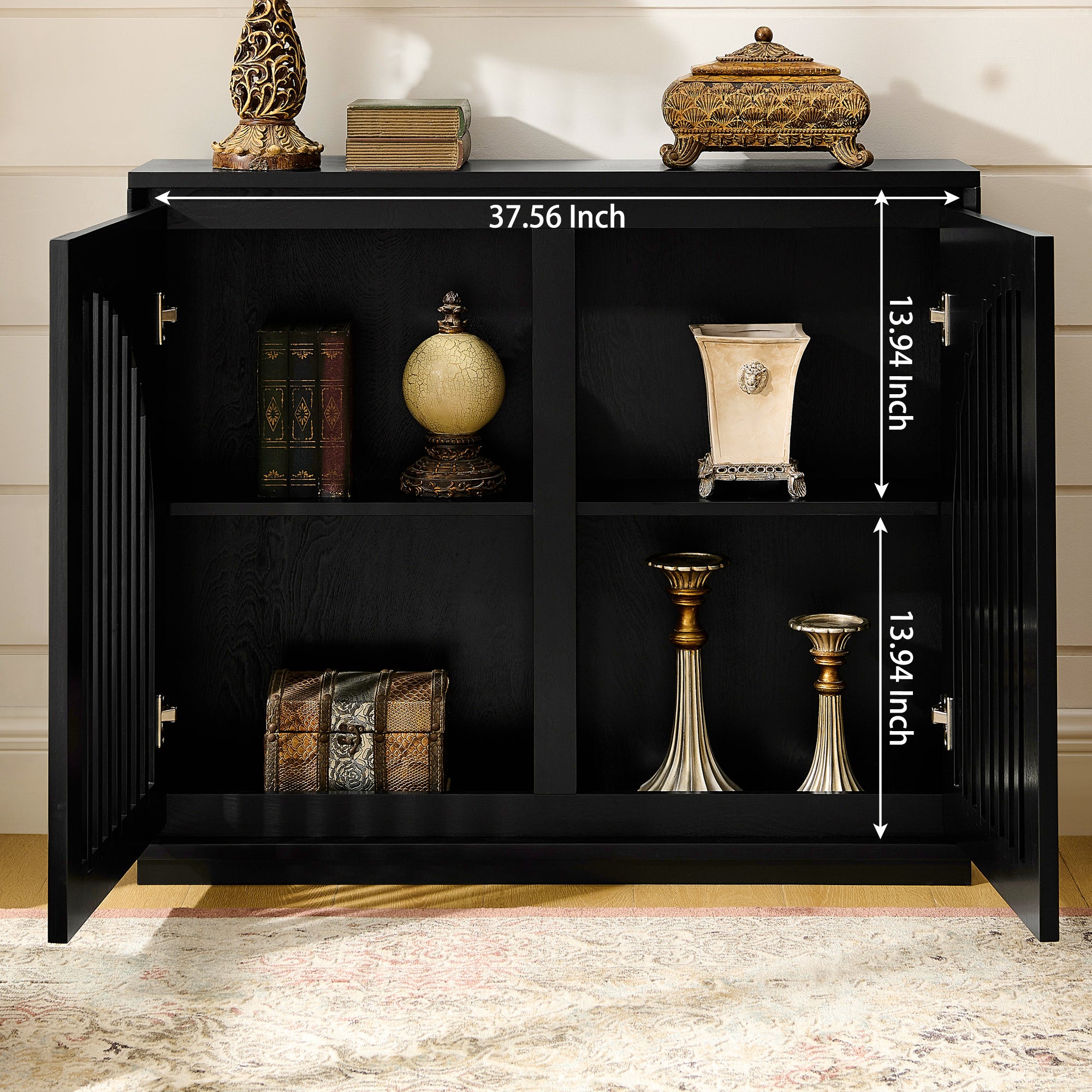 Mid-Century Modern Fluted Narrow Storage Cabinet with 2 Outlet Holes