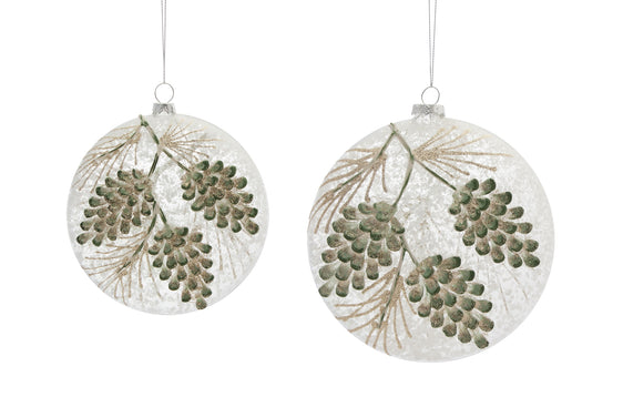 Frosted Glass Pinecone Disc Ornament, Set of 6