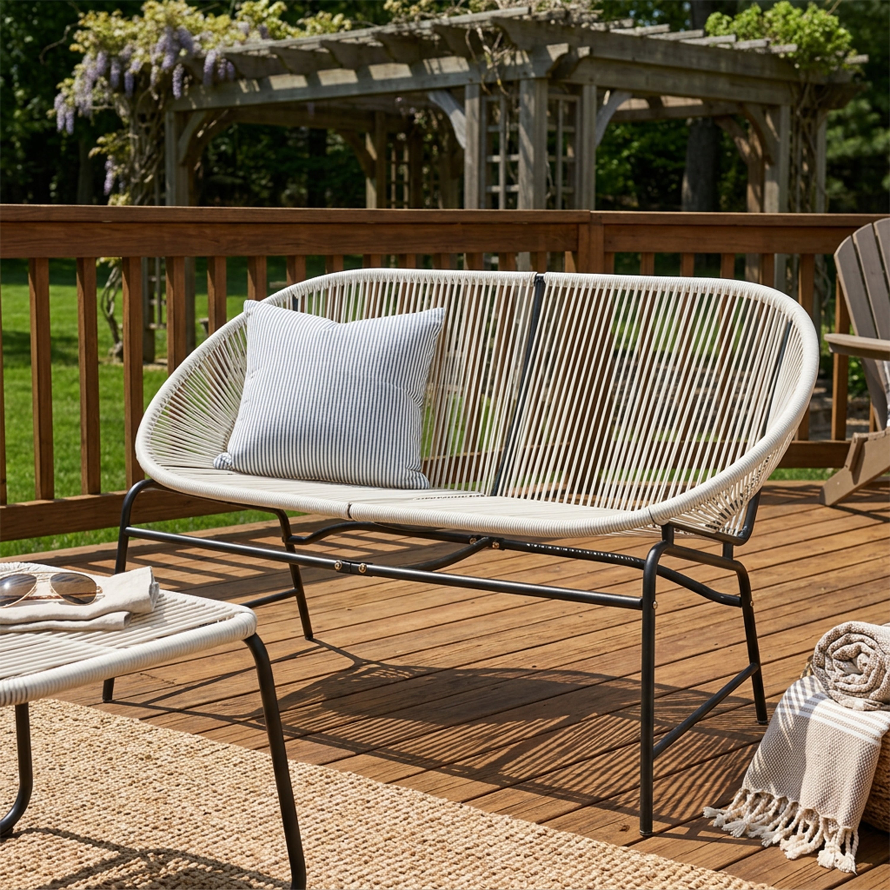 CONDESSA OUTDOOR PATIO WICKER LOVE SEAT, GREEN PE RATTAN & IRON FRAME, SET OF 1