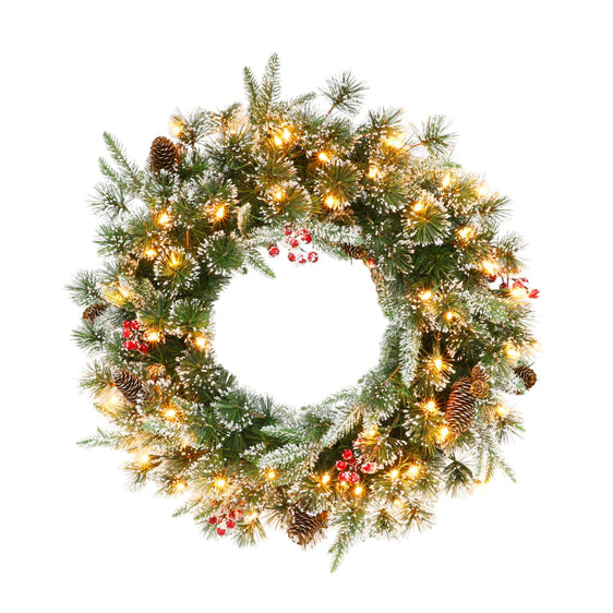 24" Pre-lit Decorated Christmas Wreath with Clear Lights & Pinecones and Red Berries