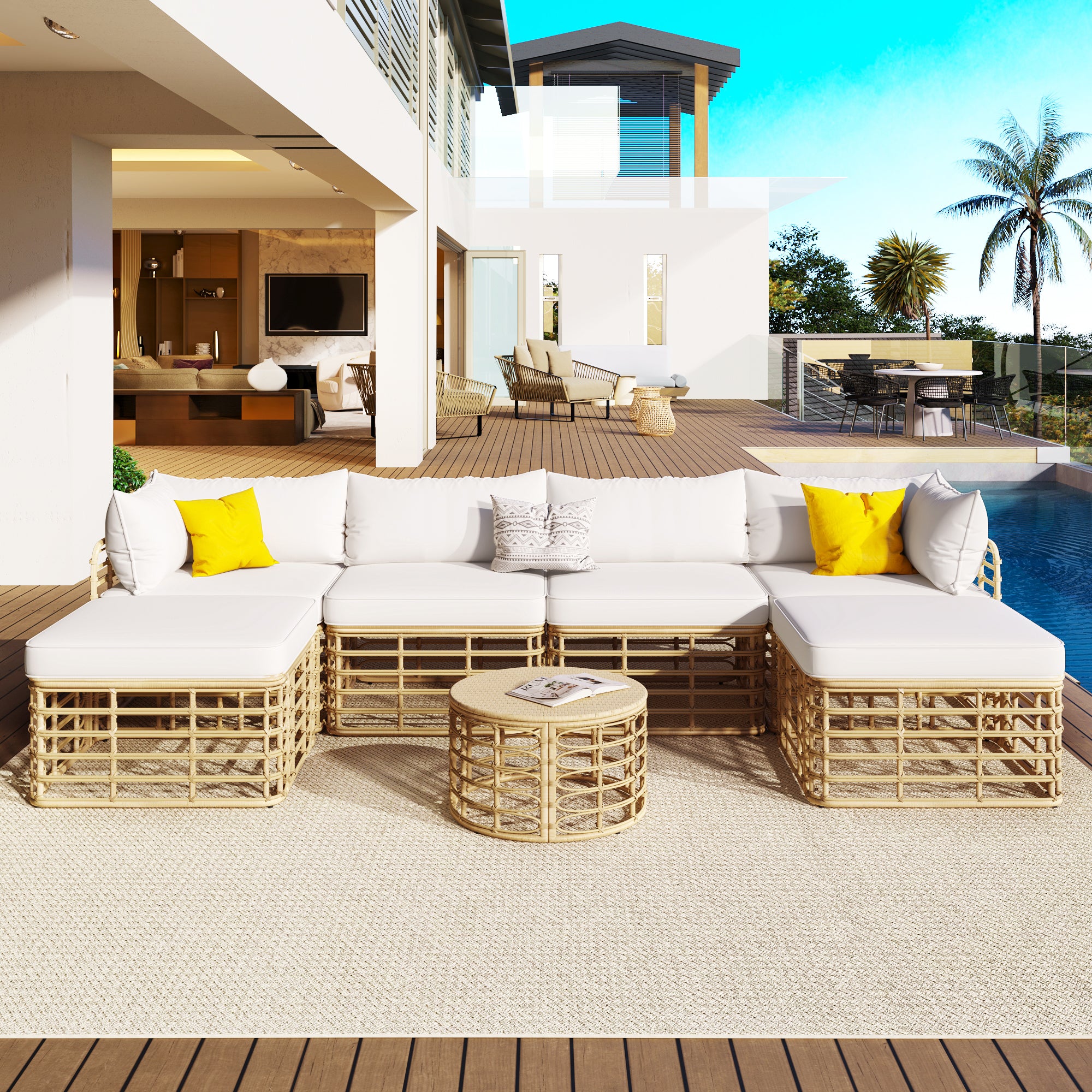 Evoking 7-Piece Outdoor Sectional Set with Hollow Woven Design and Pillows