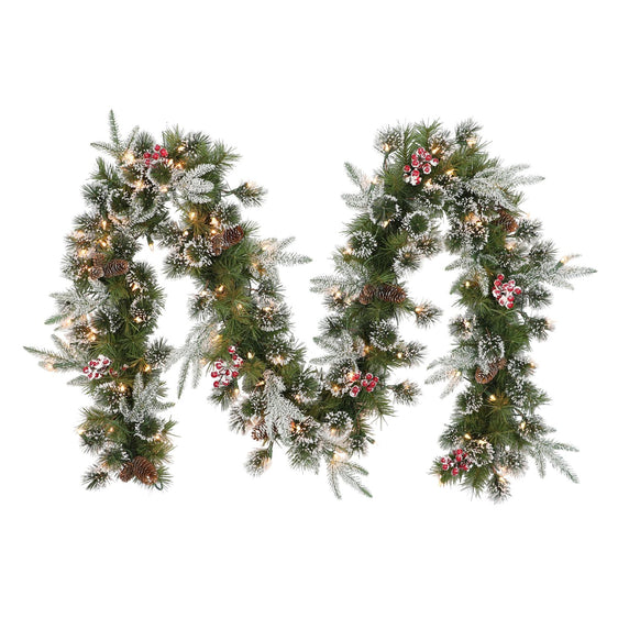 9 ft x 10" Pre-lit Decorated Christmas Garland with 100 Ul Clear Lights Pinecones Red Berries - Green