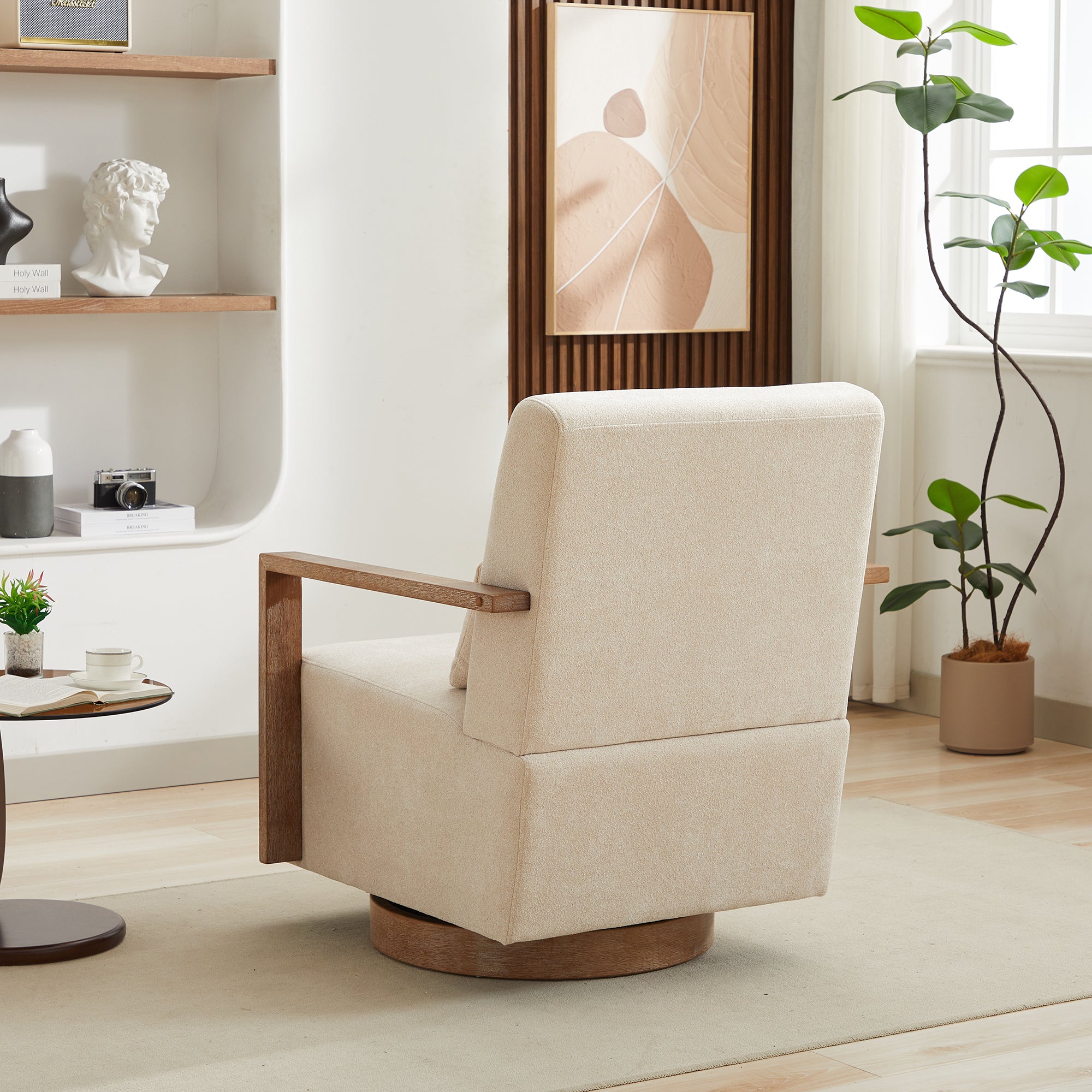 Swivel Modern Upholstered Accent Chair with Solid Wood Armrests