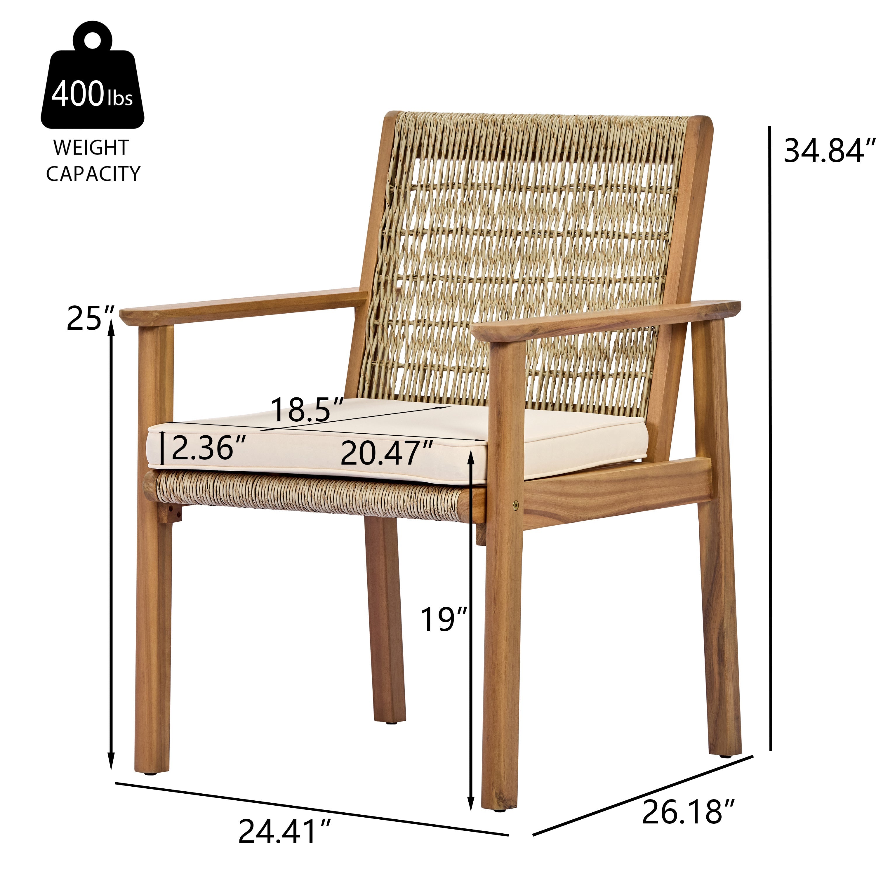 Miles Acacia Wood & Wicker Rattan Woven Dining Chairs, Set of 2