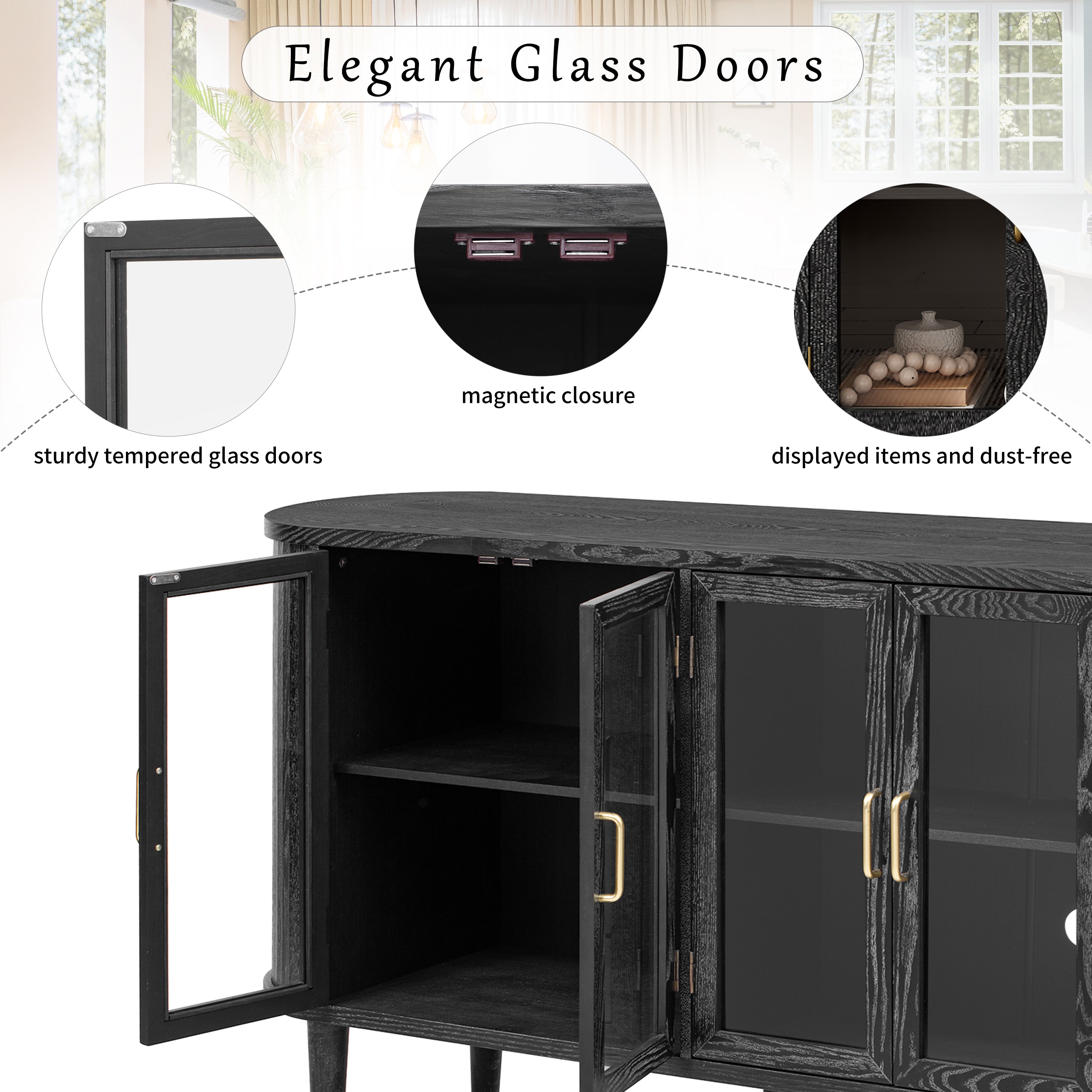Wood Buffet Cabinet with Glass Doors and Adjustable Shelves