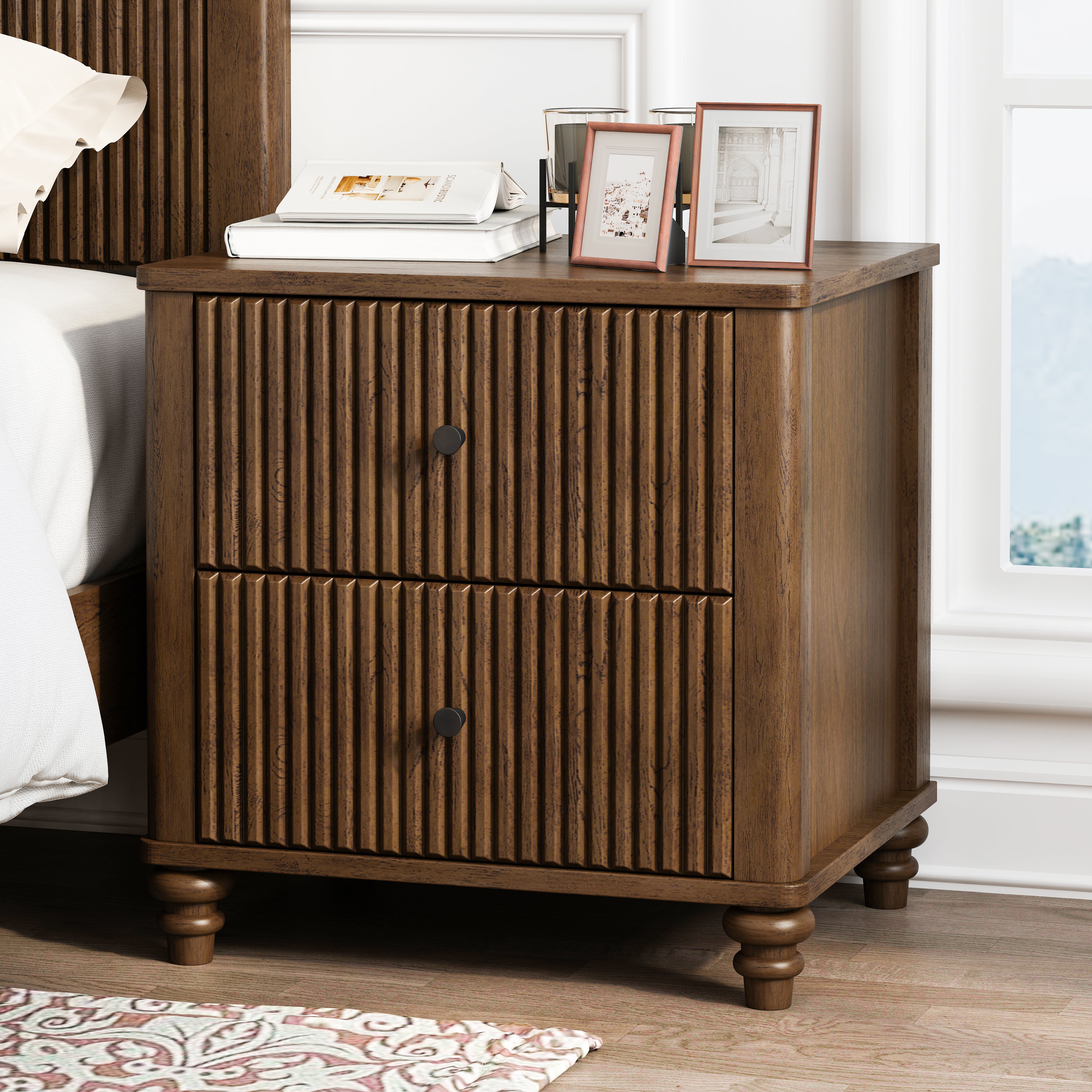 Fluted Nightstand with 3 Drawers