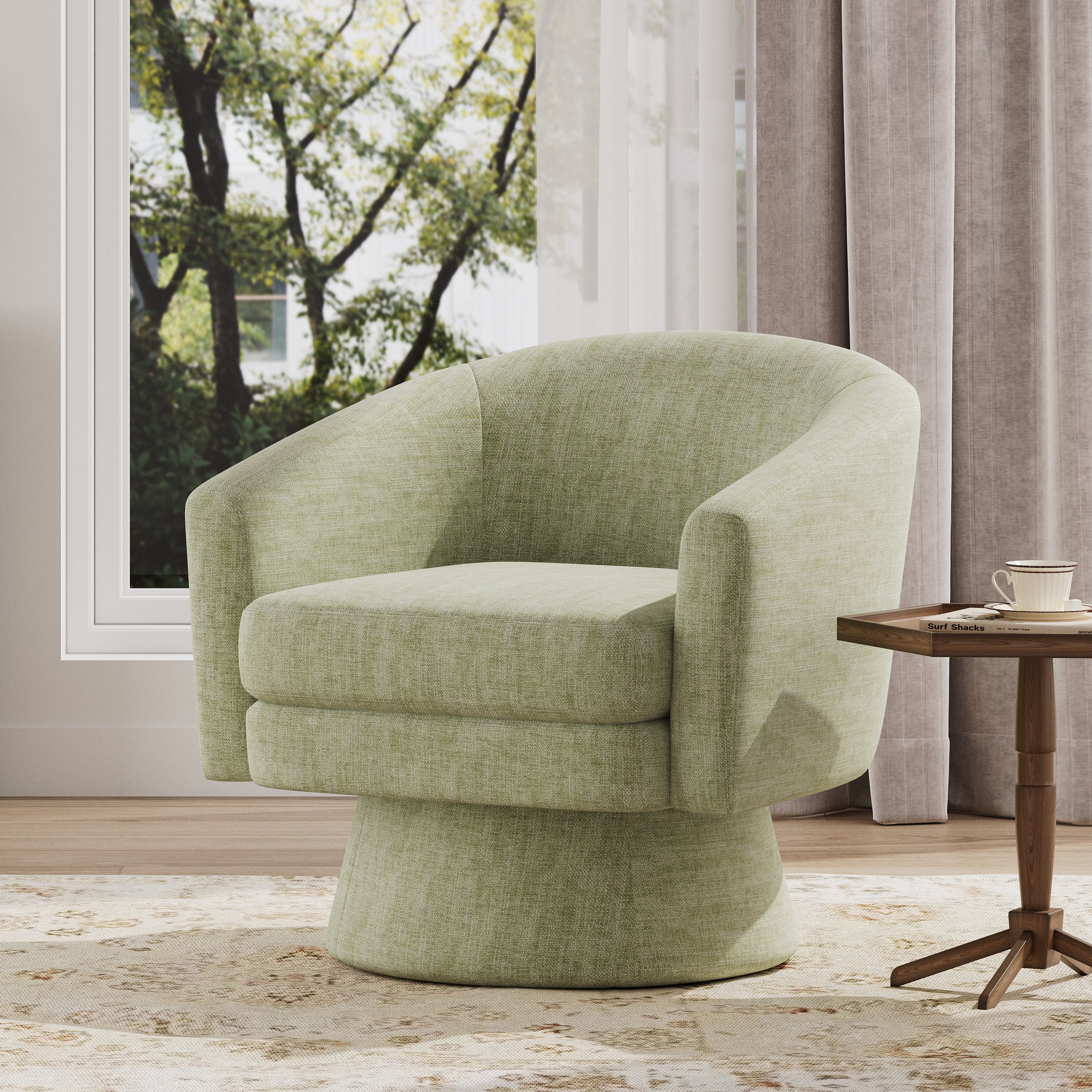 Contemporary Chenille Swivel Pedestal Barrel Accent Chair