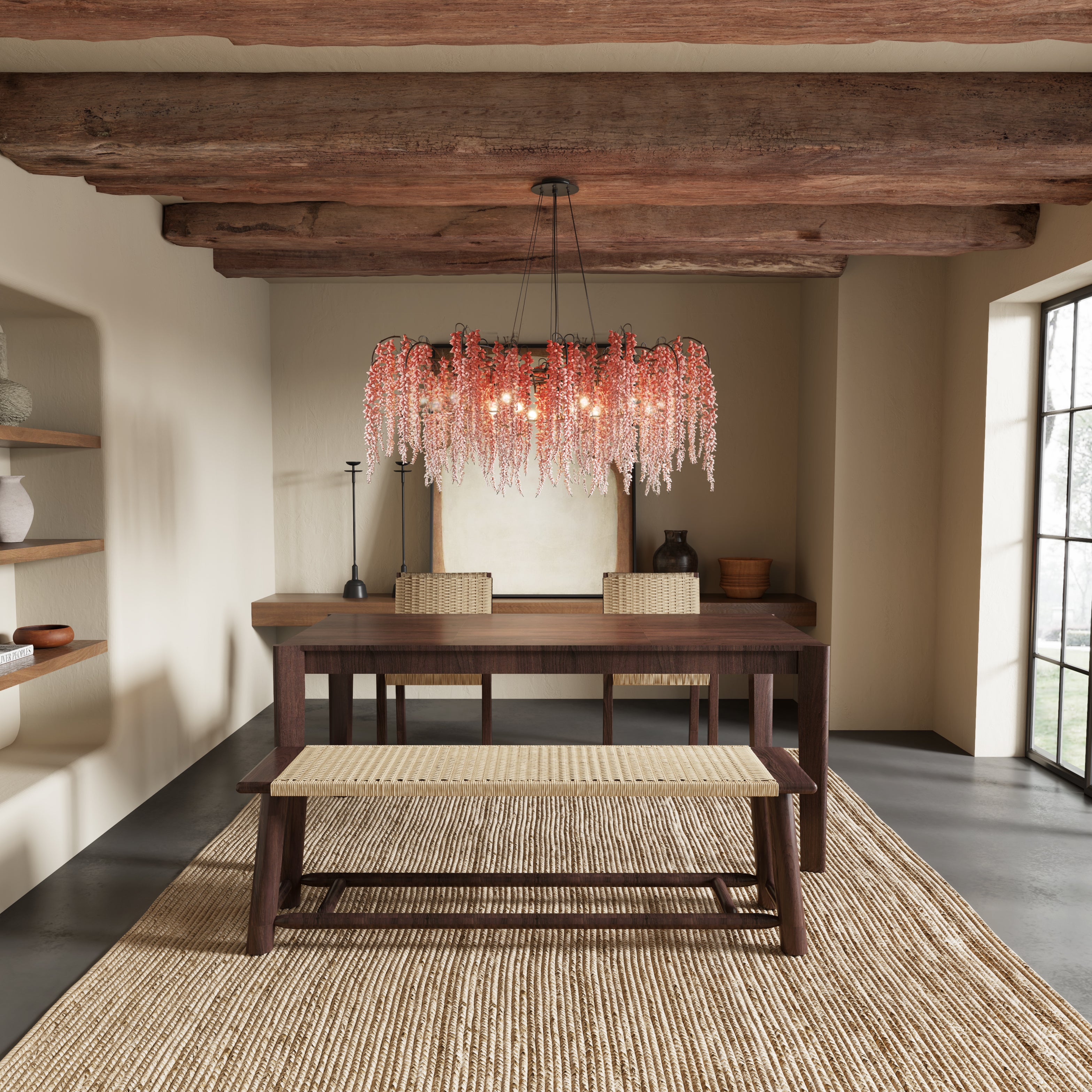 Modern Farmhouse Extendable Dining Table Set with Solid Wood Rattan Chairs and Bench