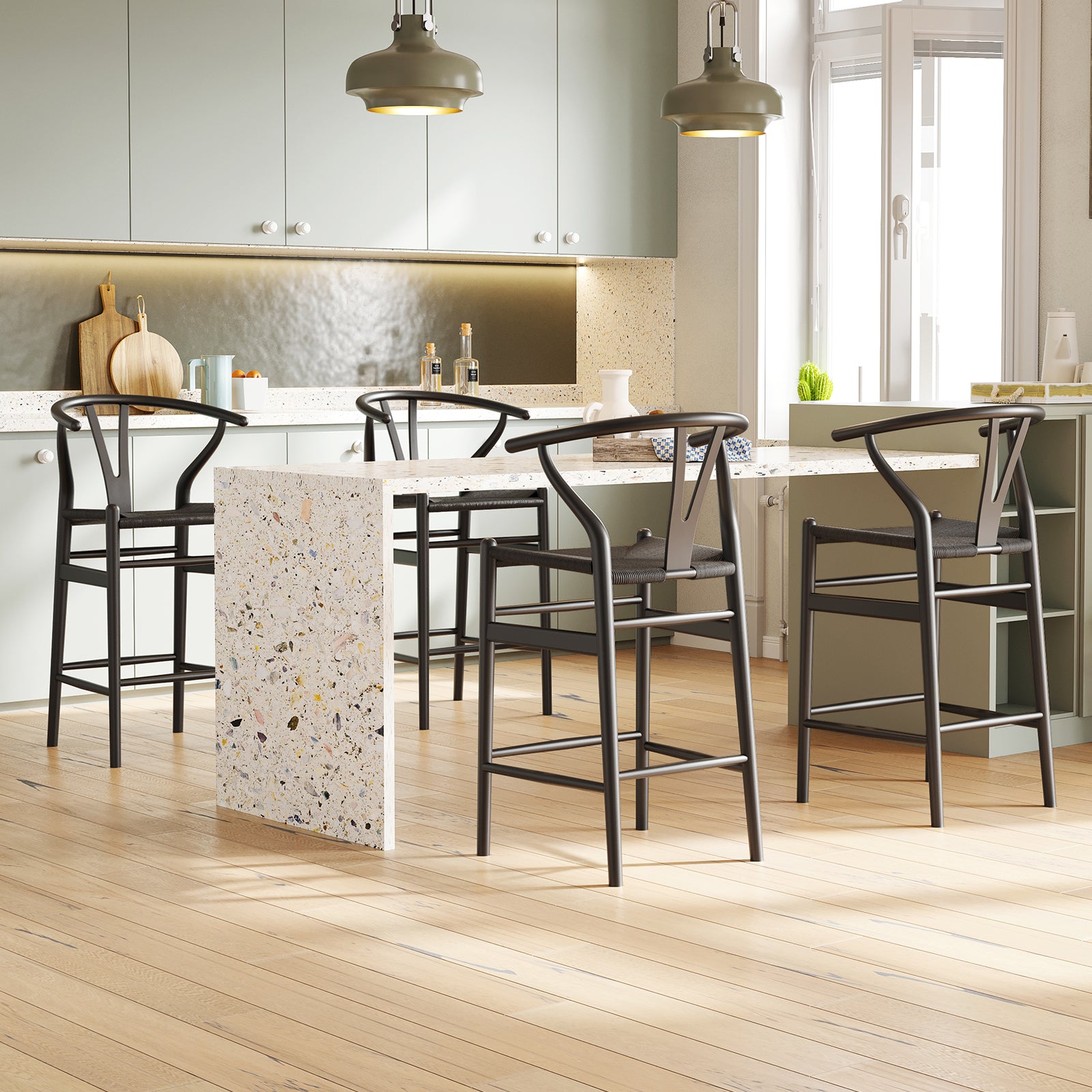 Wishbone Counter Height Barstool with Woven Seat