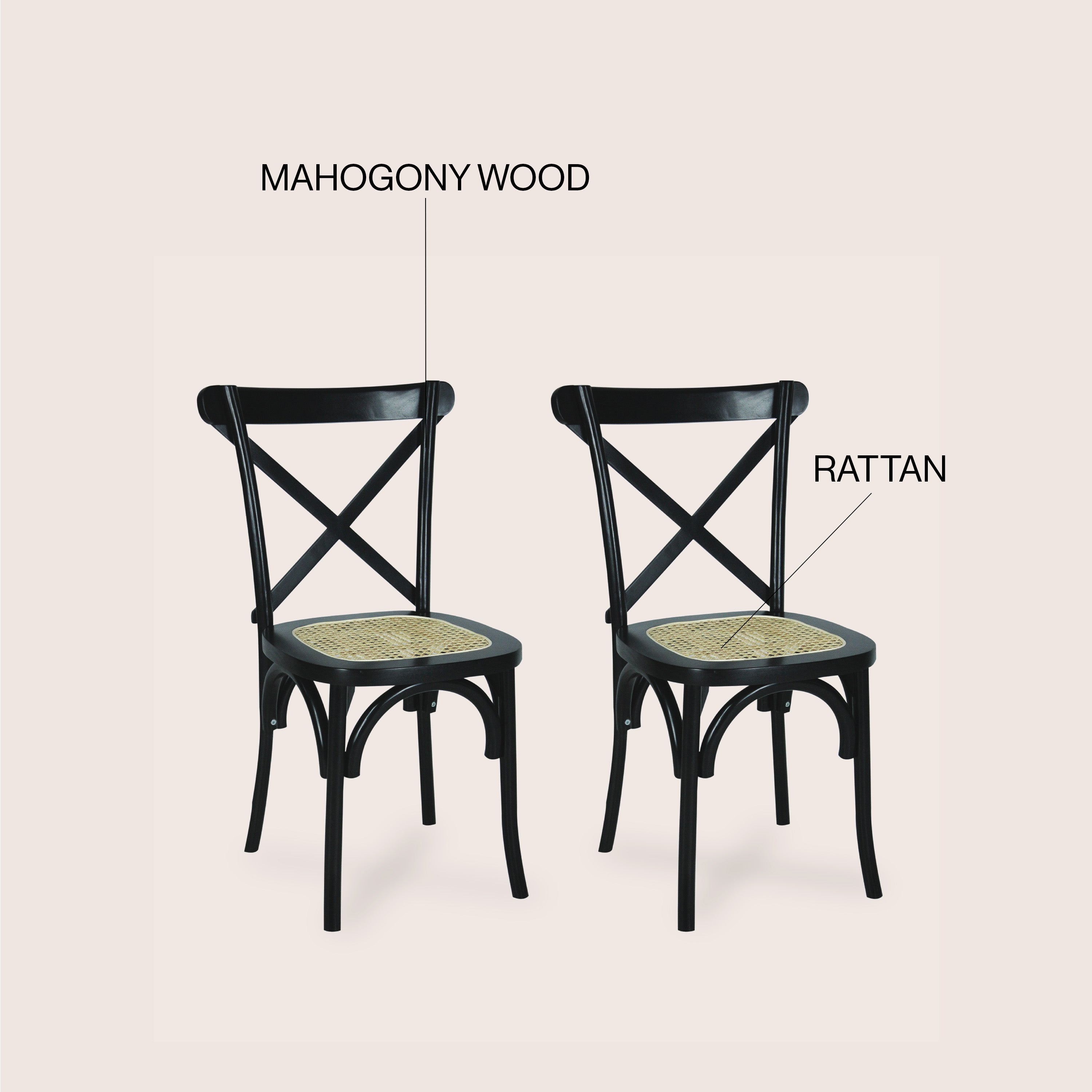 Cassis X-Back Wood Rattan Dining Chair, Set of 2