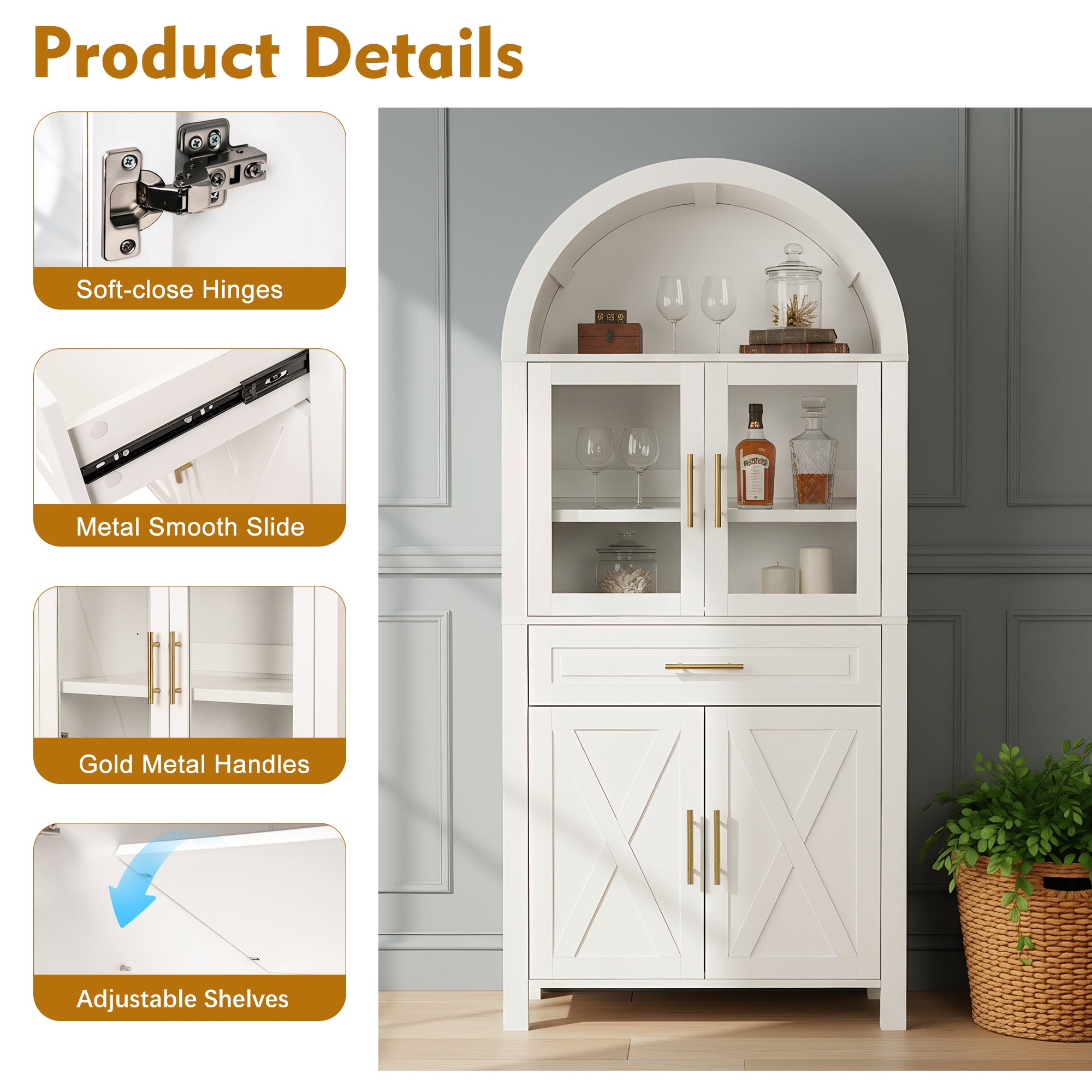 Farmhouse Arched Strage Cabinet with Glass Doors