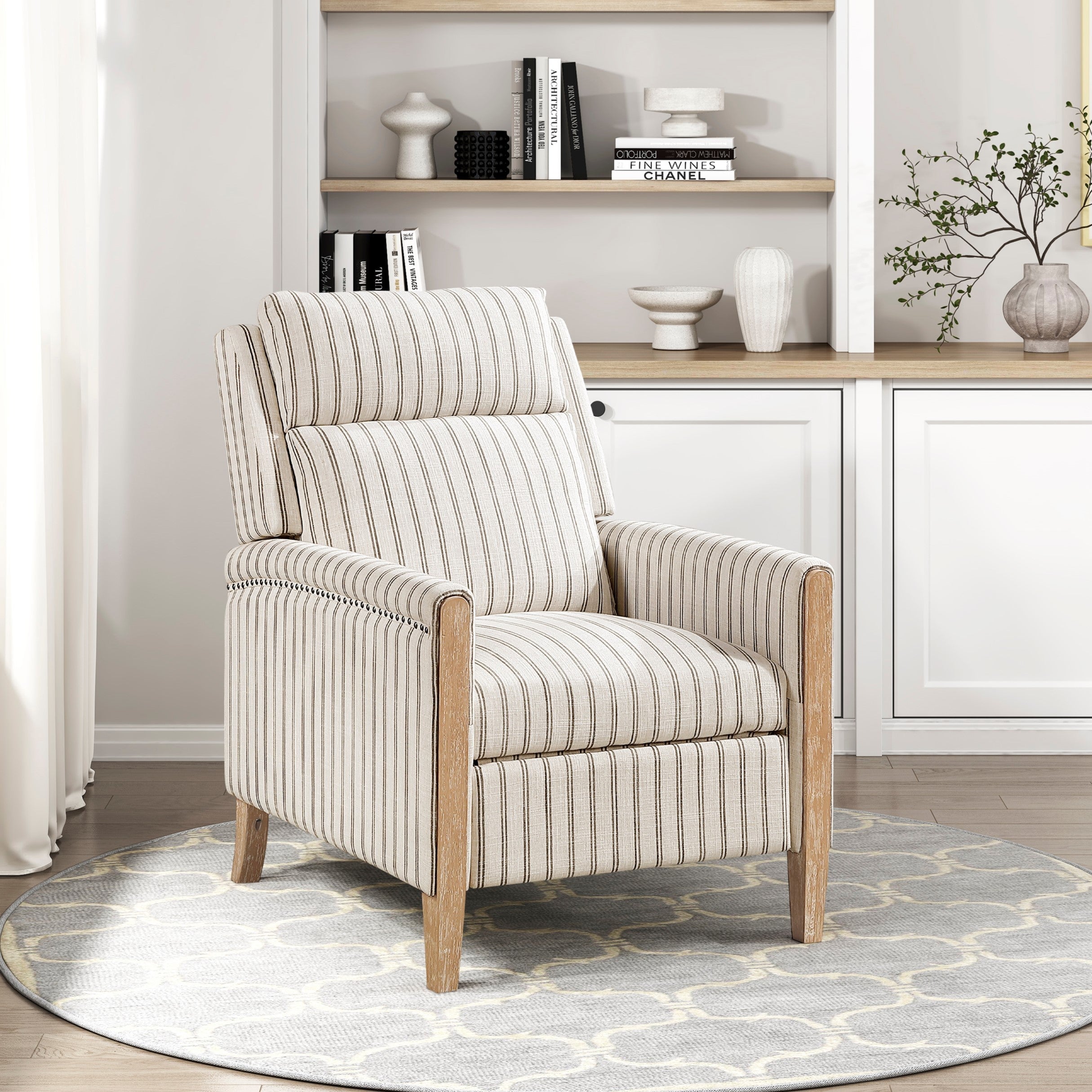 Modern Farmhouse Striped Upholstered Push Back Recliner