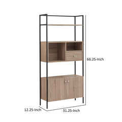 66 Inch 3 Tier Etagere Bookcase with Open Compartment, Cabinet, Black Metal Frame, Light Natural Brown - Bookcases