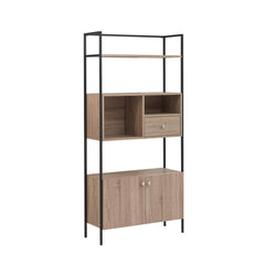 66 Inch 3 Tier Etagere Bookcase with Open Compartment, Cabinet, Black Metal Frame, Light Natural Brown - Bookcases