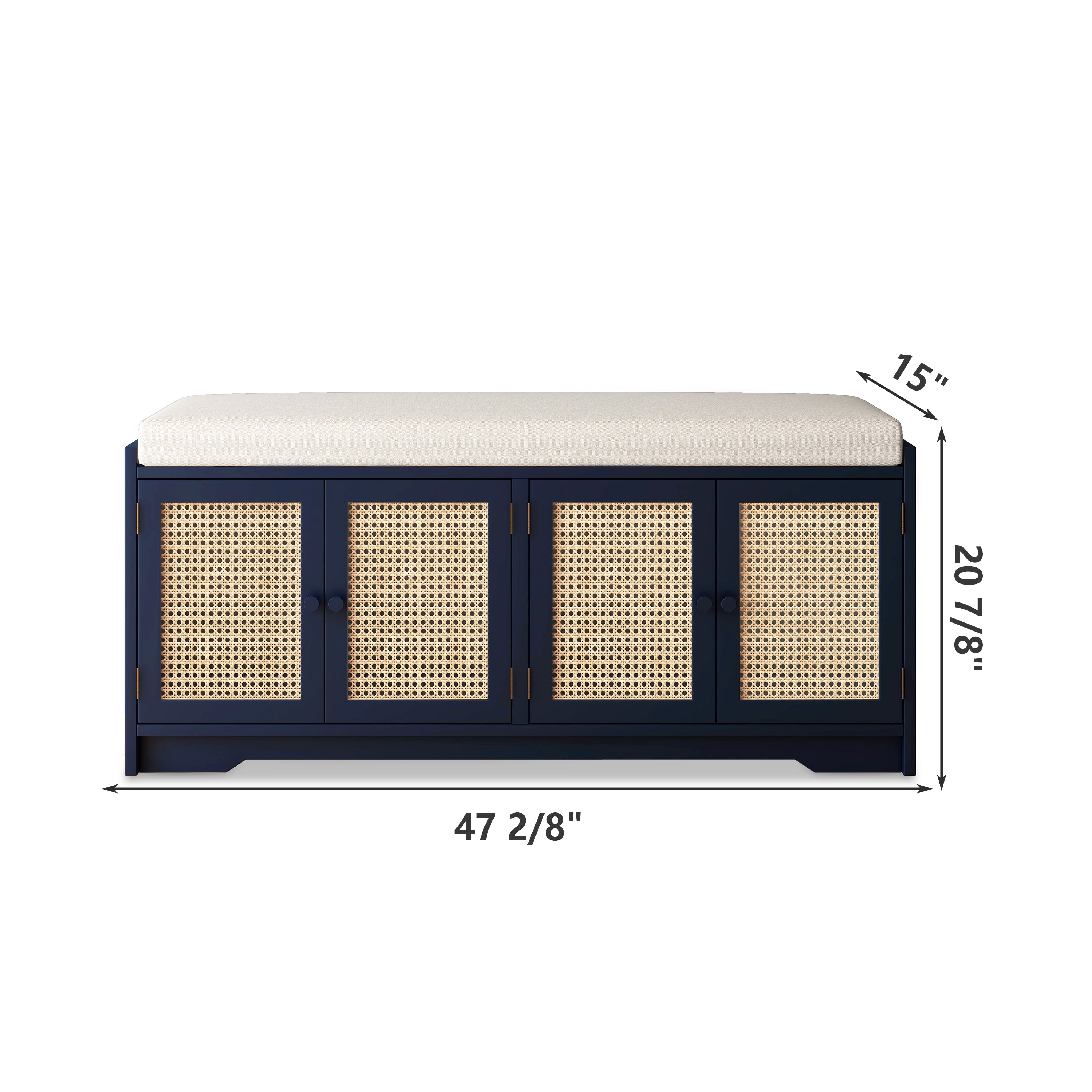 Upholstered Bench with Storage Cabinet and 4 Rattan Doors