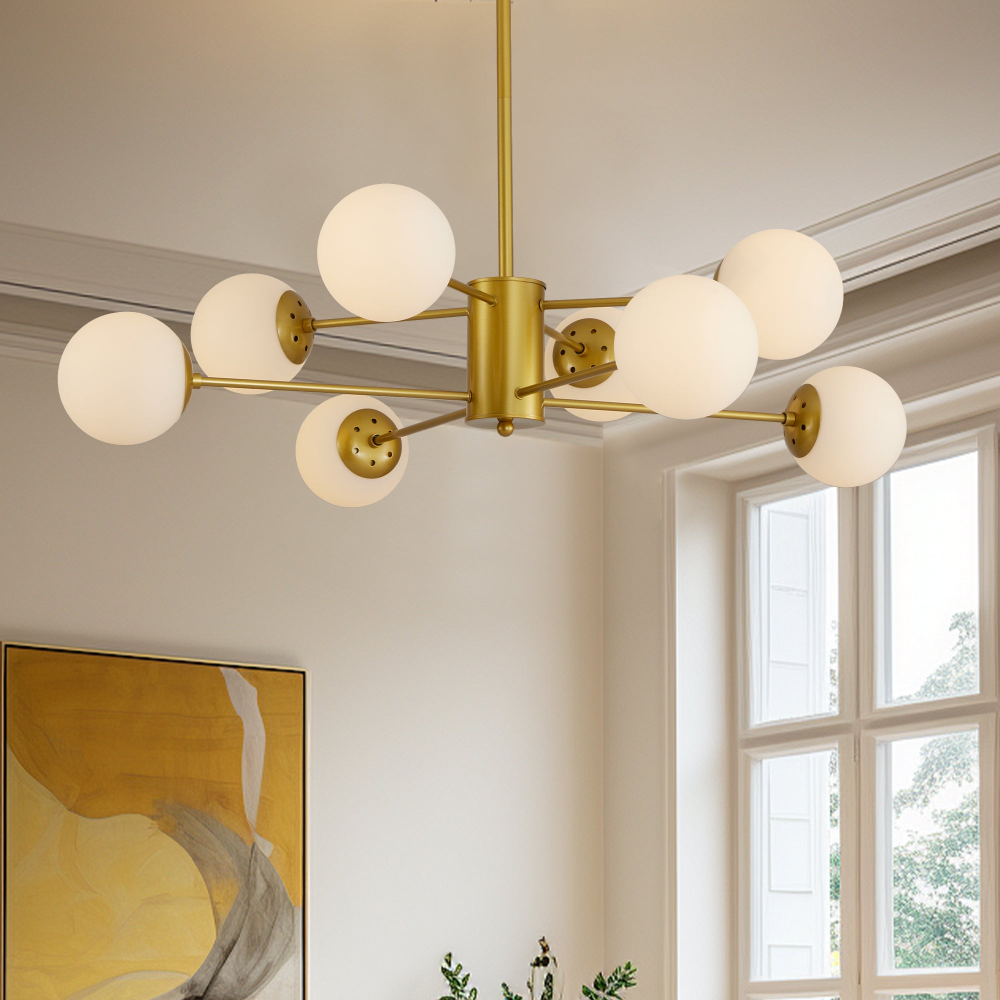 35" 8-Light Chandelier with White Glass Globe Shades