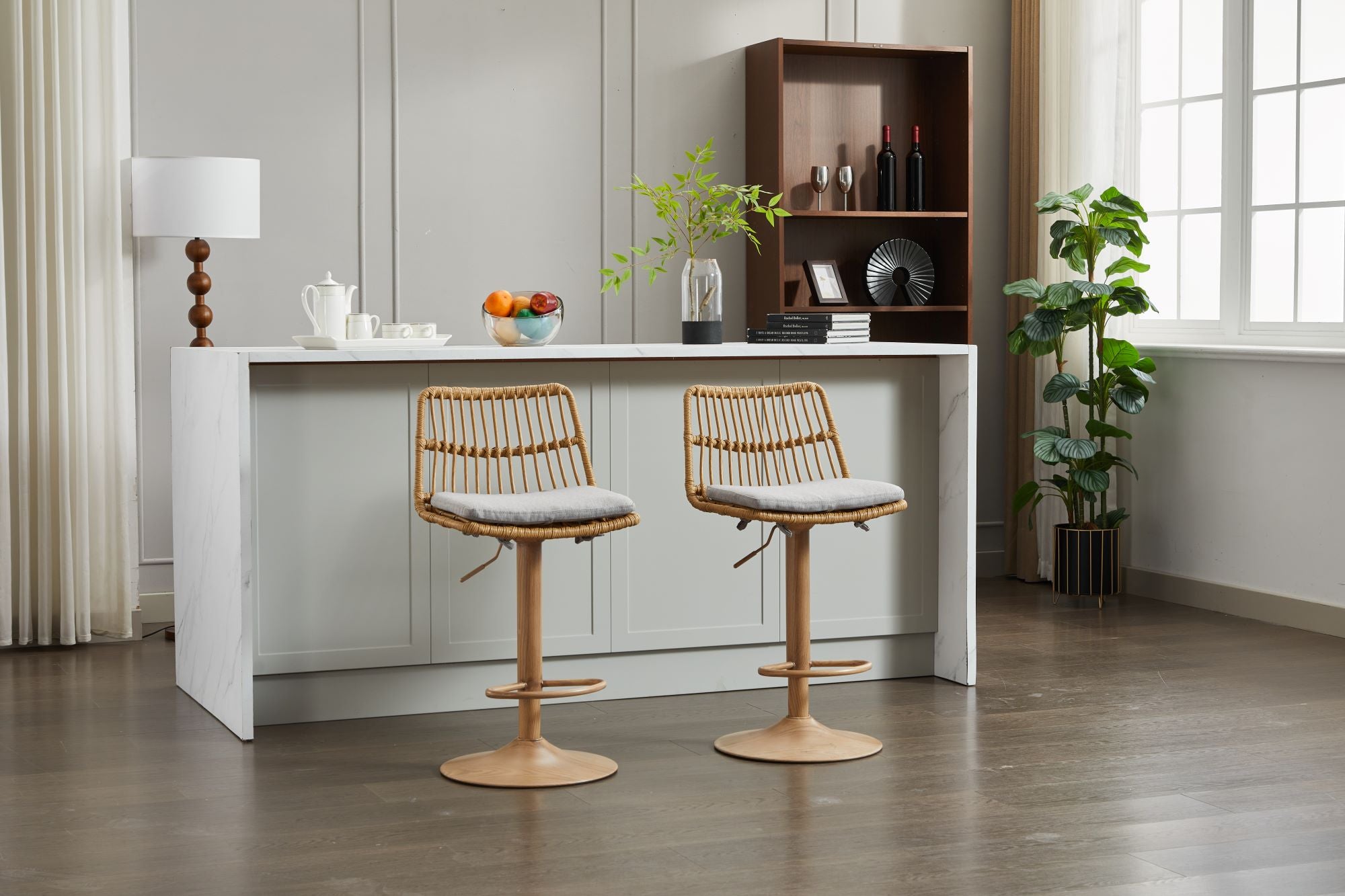 Swivel Counter Height Chair with Wicker Design and Footrest, Set of 2