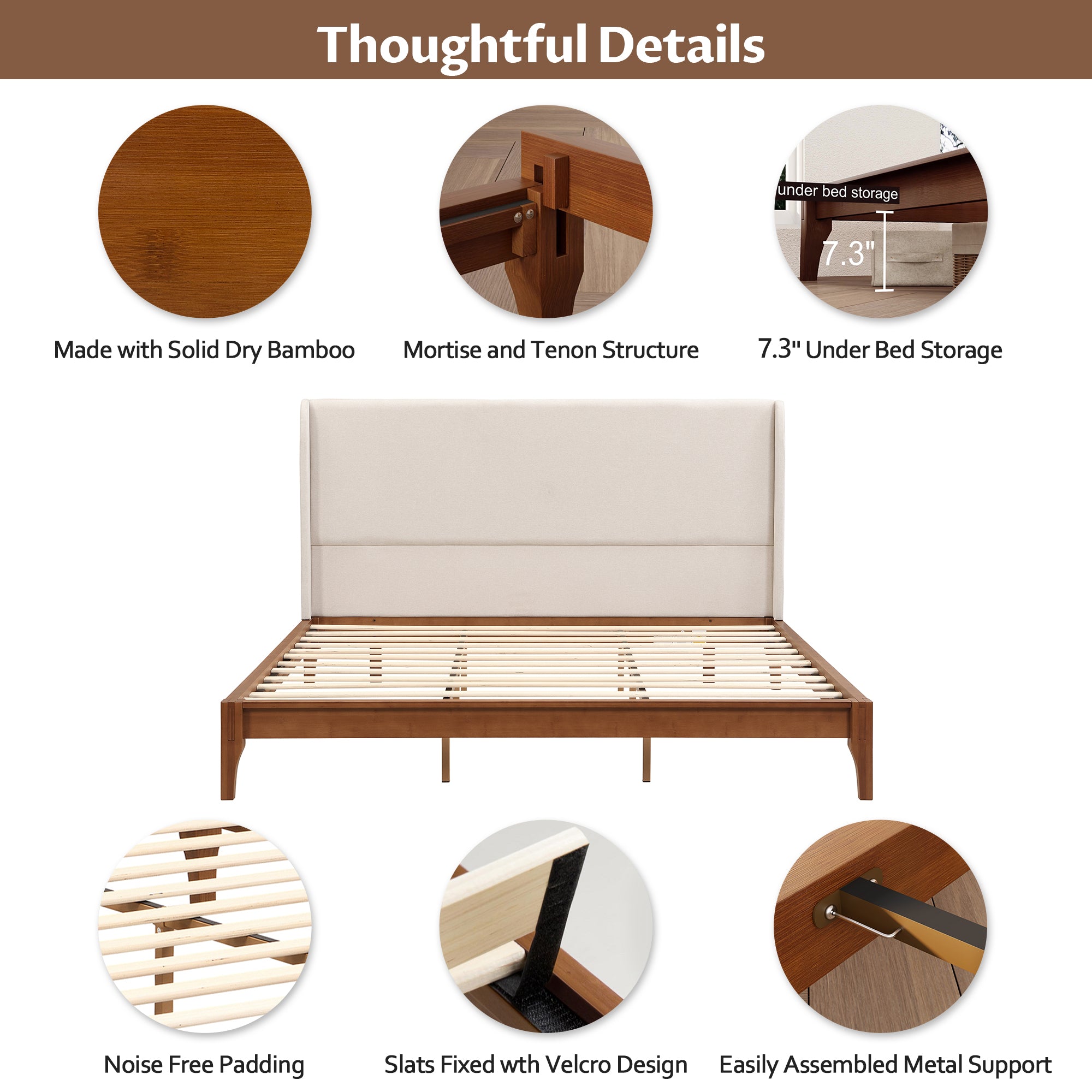 Solid Dry Bamboo Wood Platform Bed with 48" Upholstered High Headboard