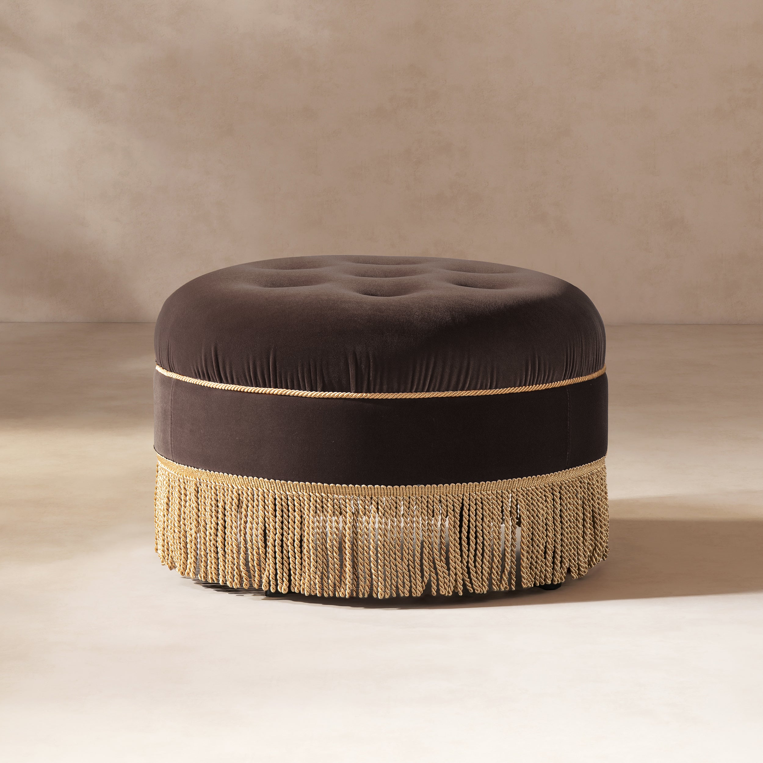 Yolanda 24" Round Upholstered Accent Ottoman Deep Brown Performance Velvet