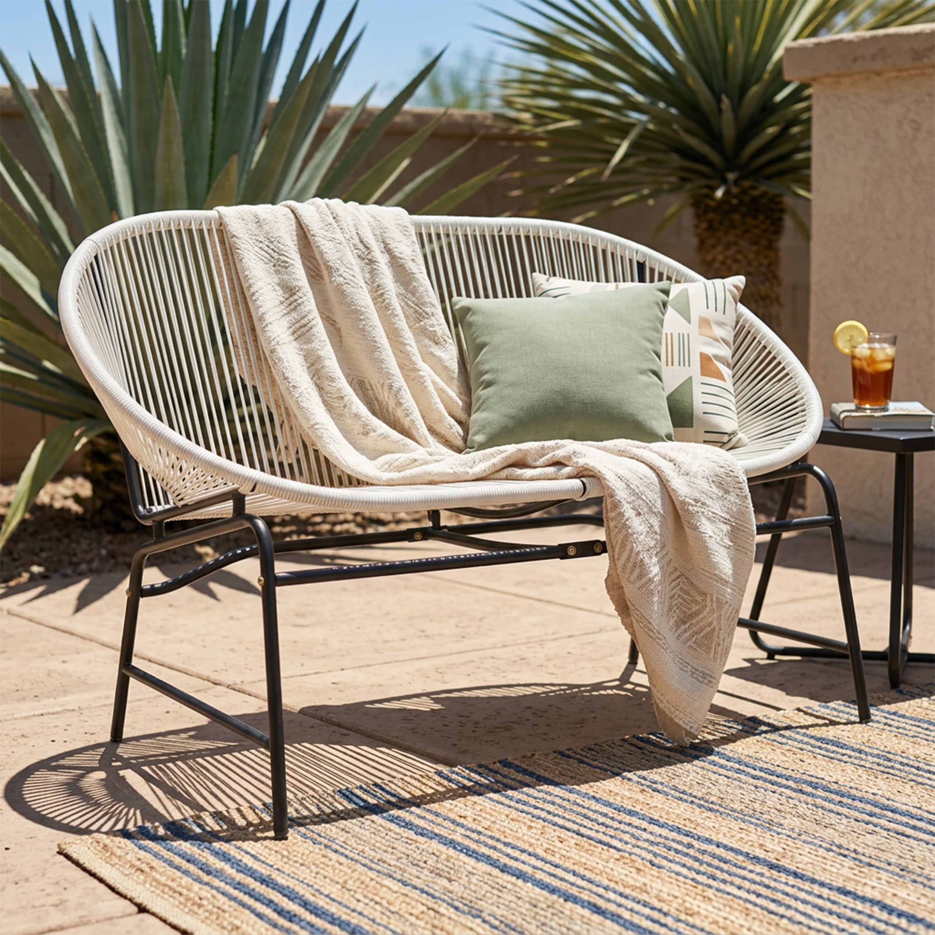 CONDESSA OUTDOOR PATIO WICKER LOVE SEAT, GREEN PE RATTAN & IRON FRAME, SET OF 1