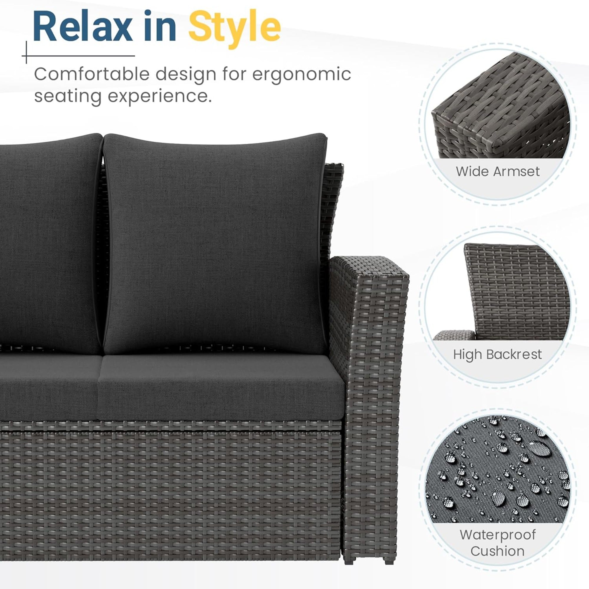 All-Weather Wicker 3-Seat Patio Sofa with Thick Gray Cushions & Black Iron Frame, 67.7'