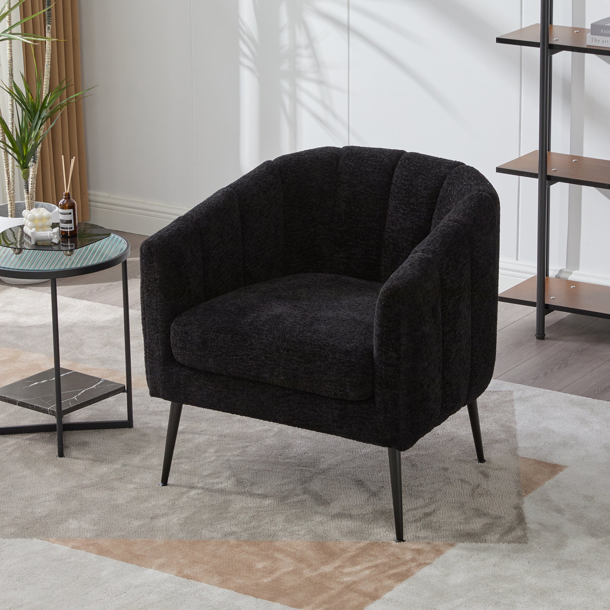 Channel Tufted Chenille Vanity Barrel Accent Chair with Metal Legs