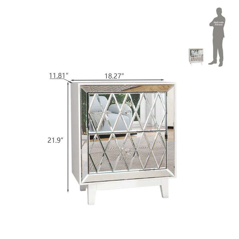 22" Pattern Mirror Glass Nightstand with 2 Drawers