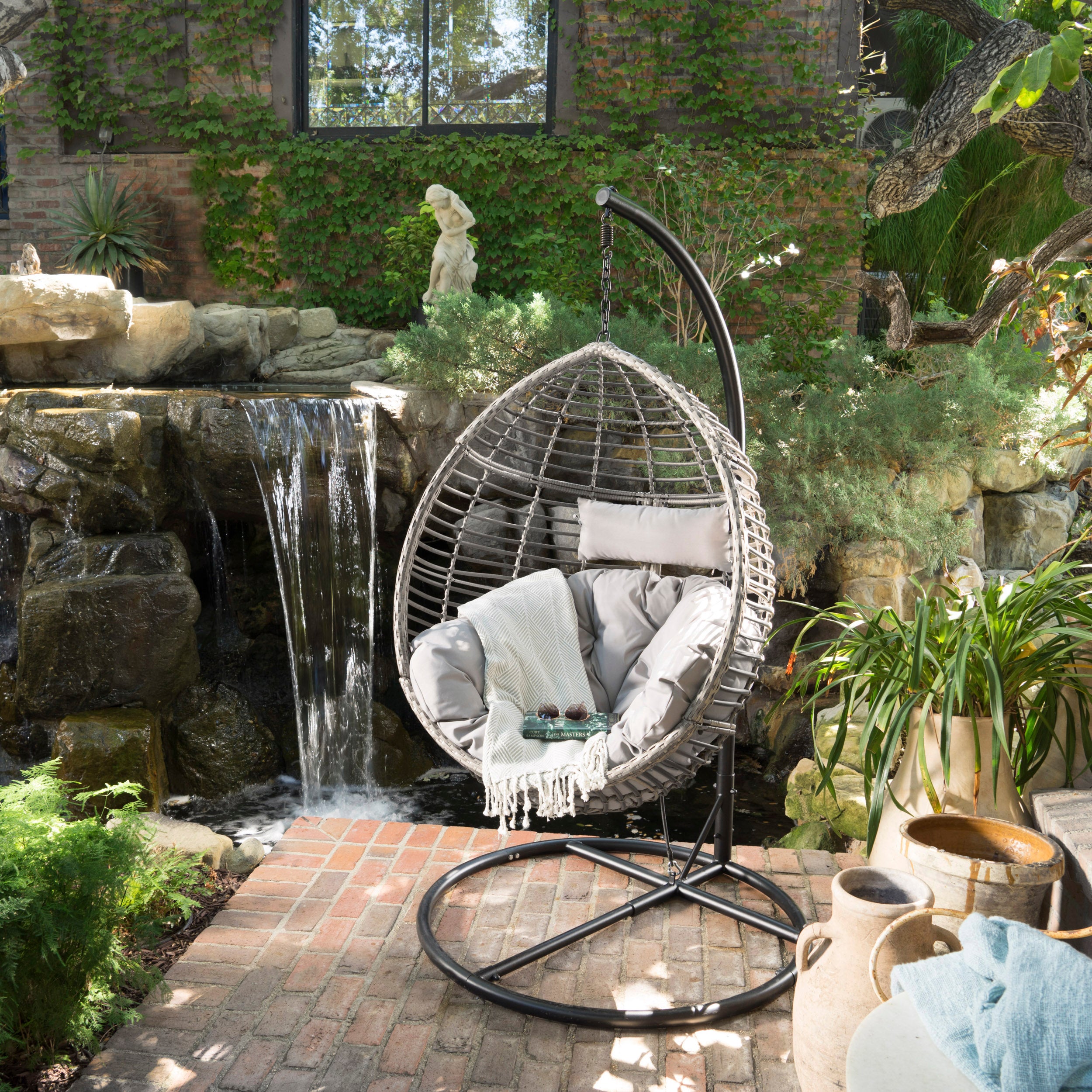 Liberation Outdoor Hanging Basket Chair with Metal Frame and Seat Cushion