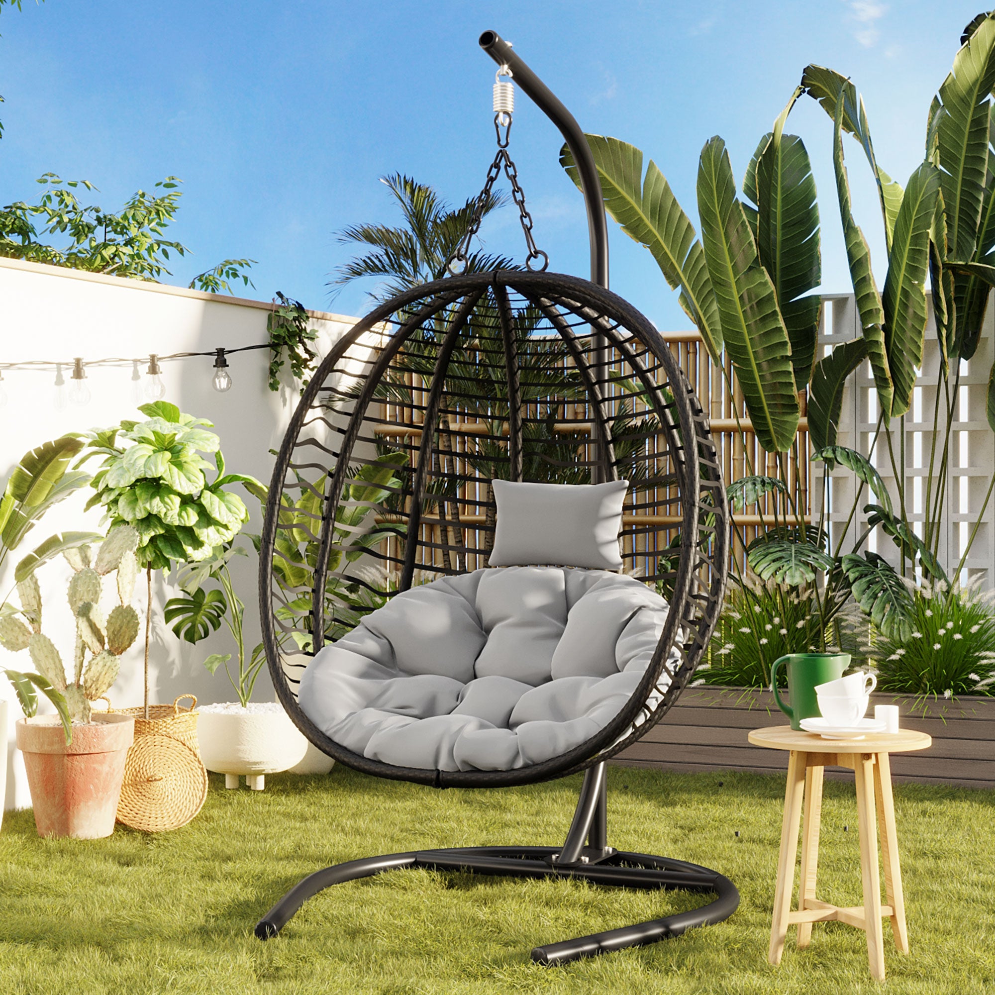 Folding Hanging Swinging Egg Chair with Stand & Tufted Cushion