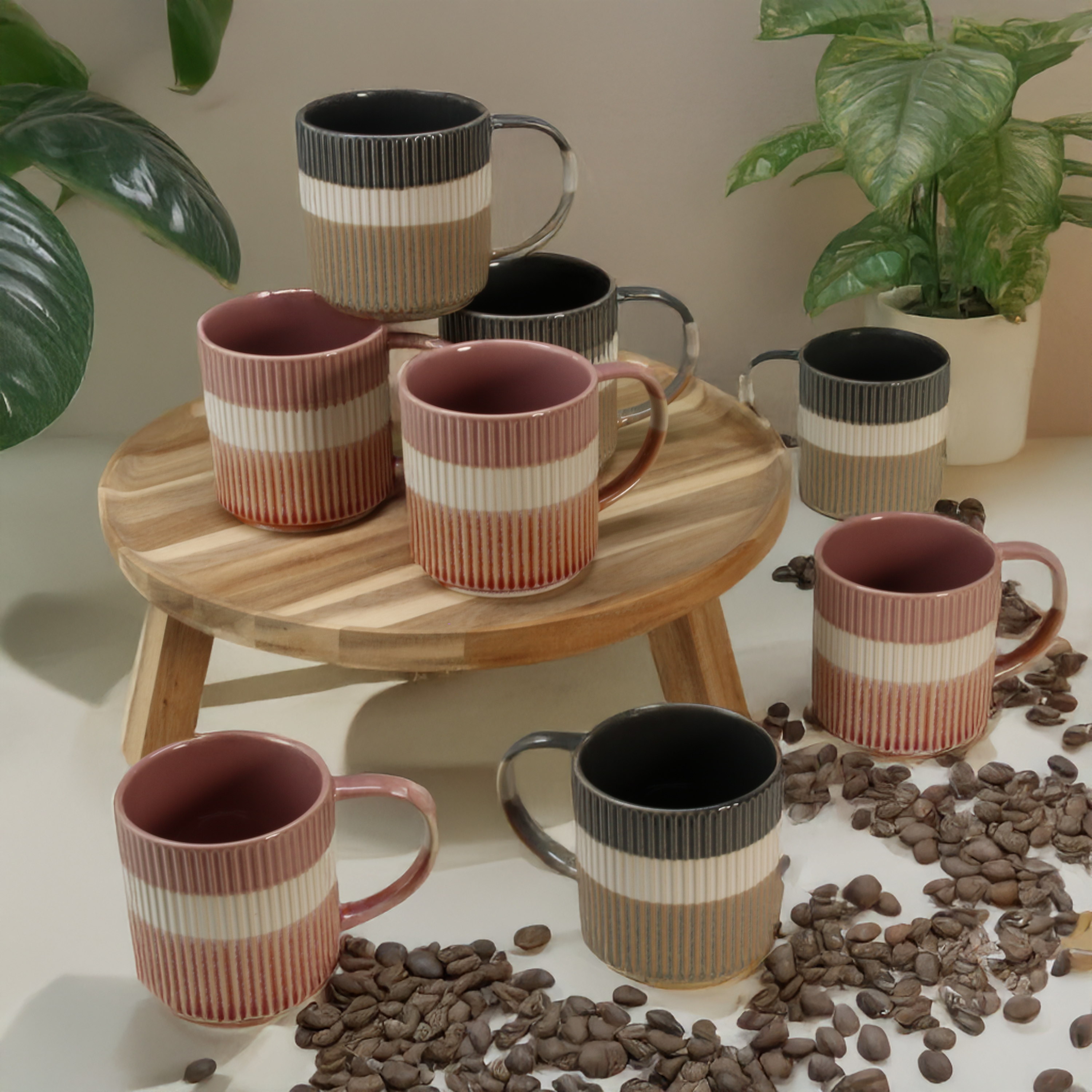Tri-Color Mugs, Set of 8