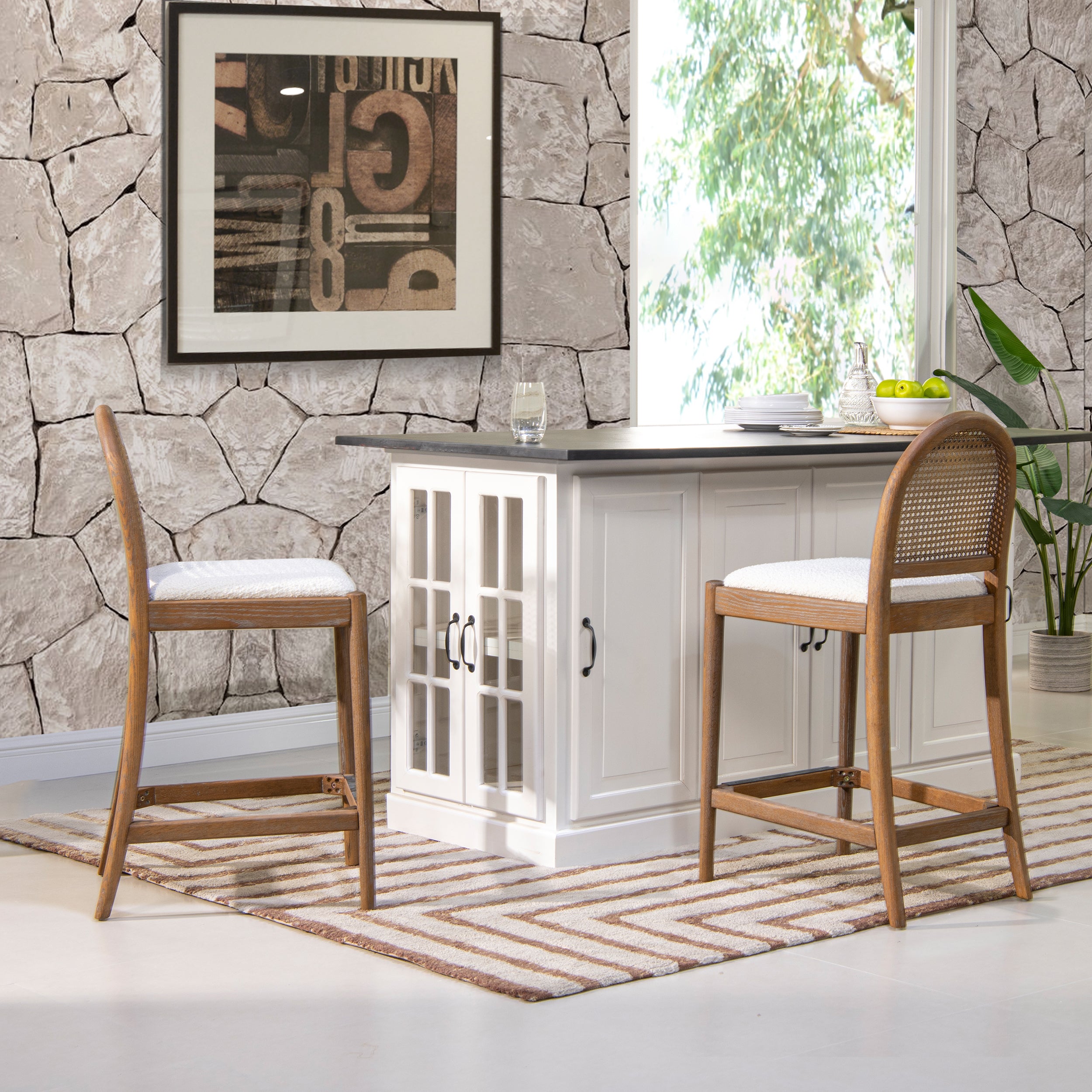 Arlin Upholstered Stool with Curved Back and Footrest, Set of 2