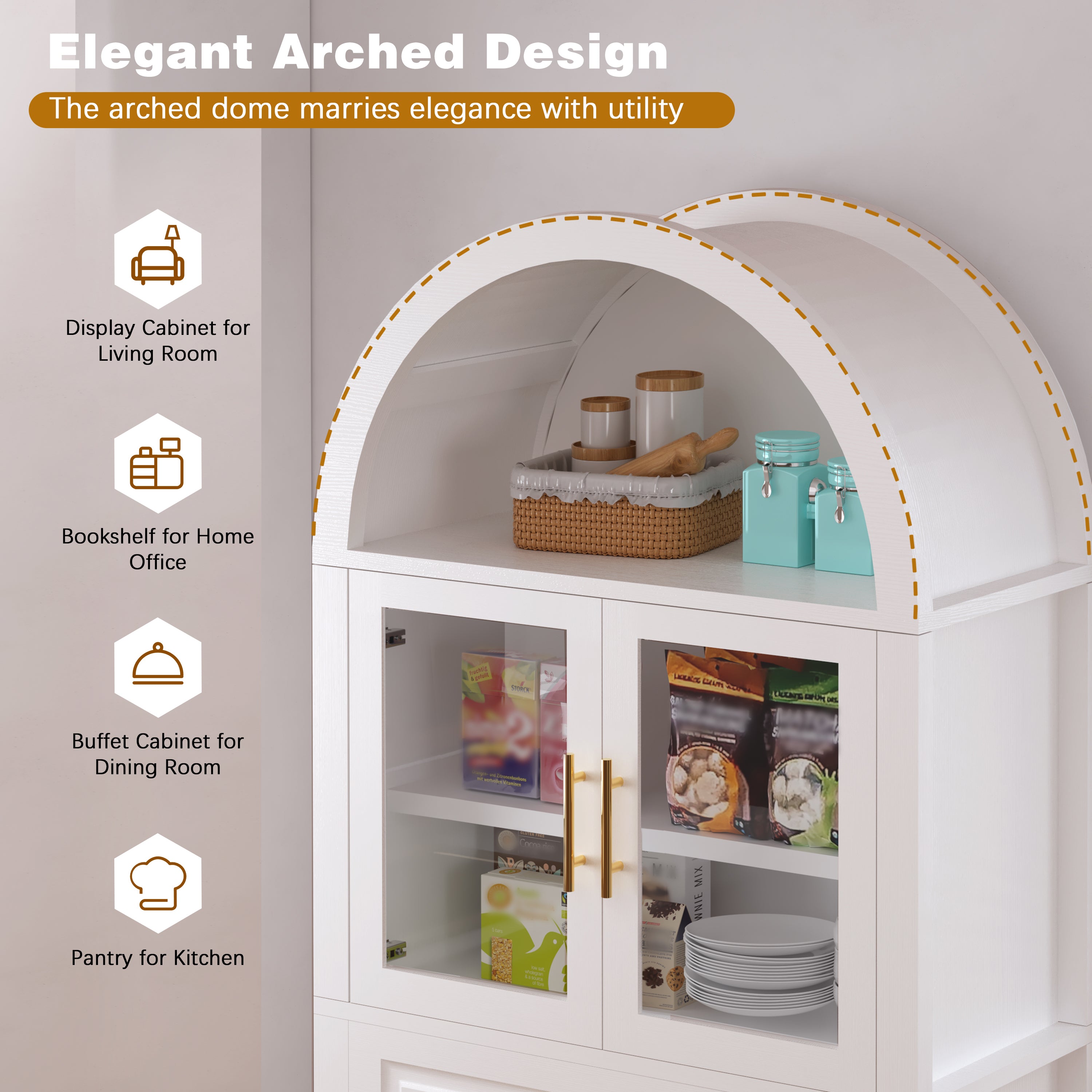 Farmhouse Arched Strage Cabinet with Glass Doors