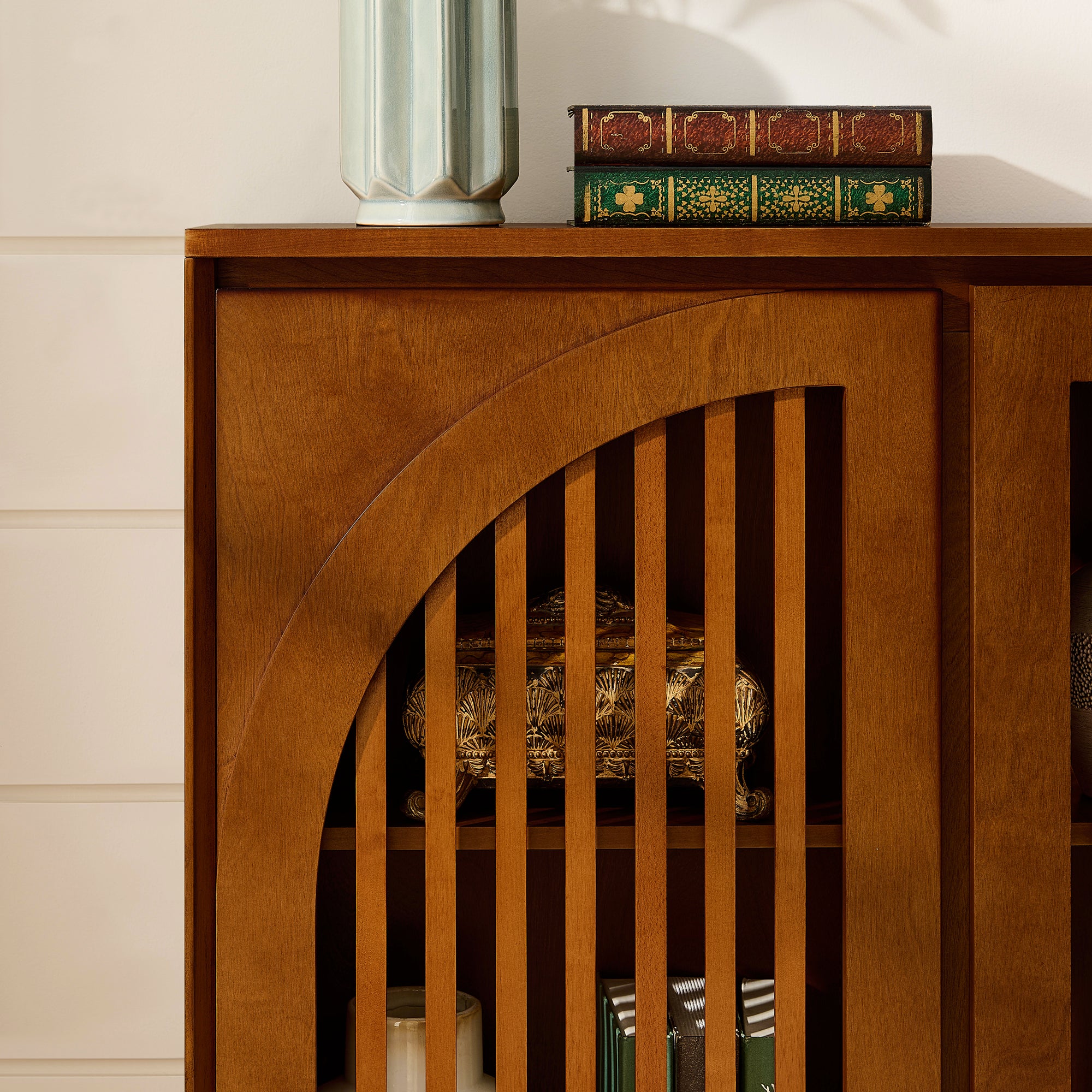 Mid-Century Modern Fluted Narrow Storage Cabinet with 2 Outlet Holes