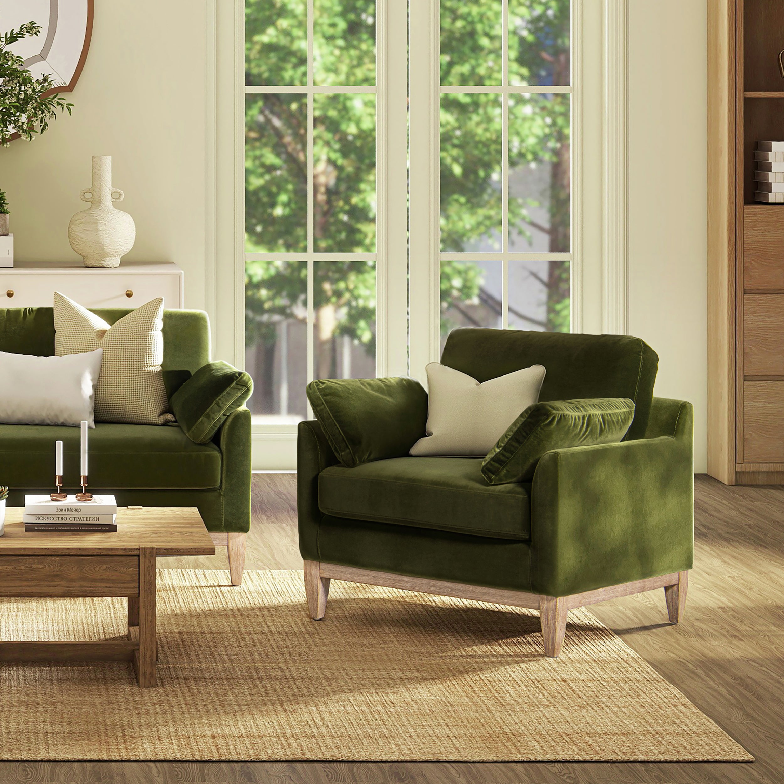 Brooding Upholstered Accent Chair with Arm Cushions and Wood Legs