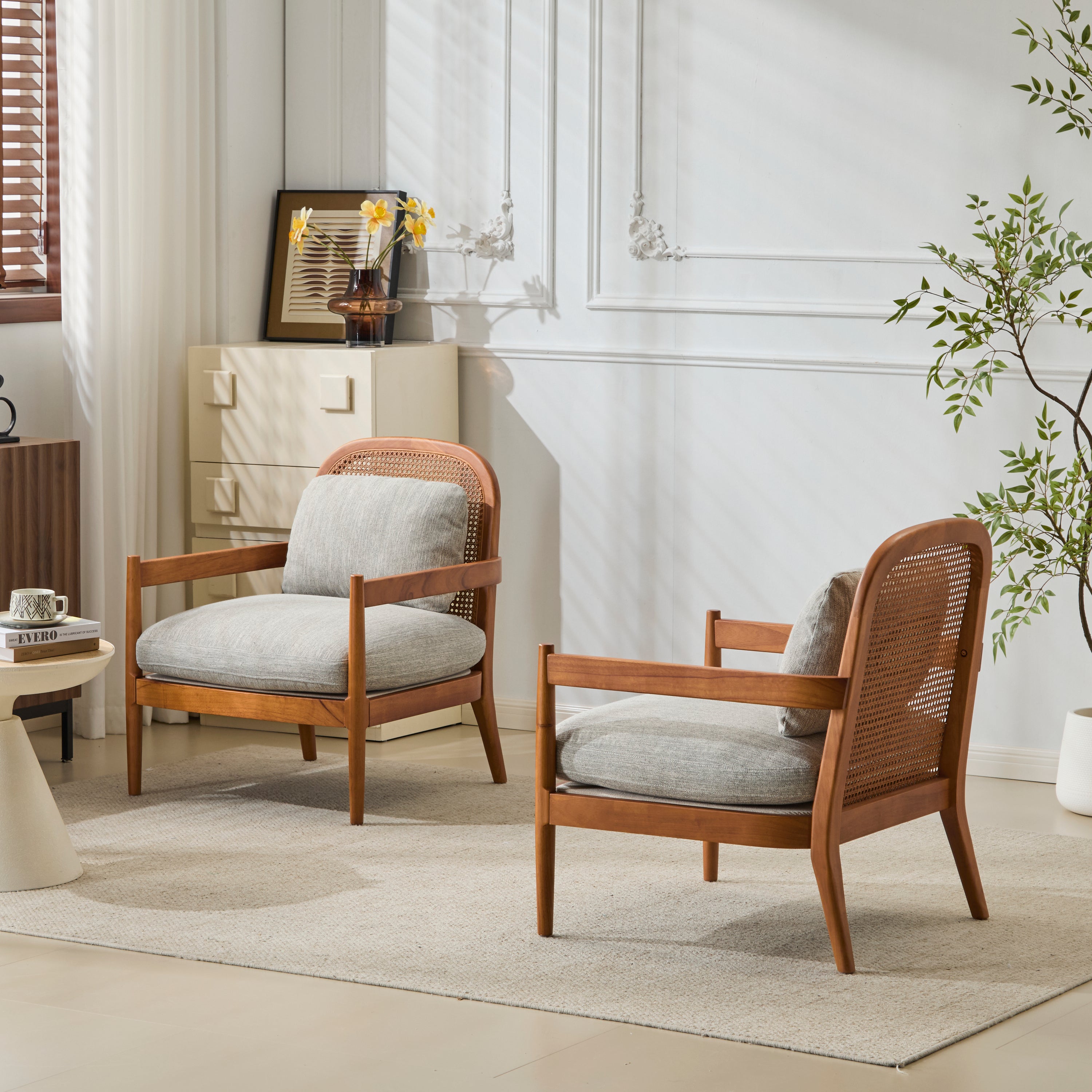 Elliston Solid Wood and Rattan Accent Chair with Cushions, Set of 2
