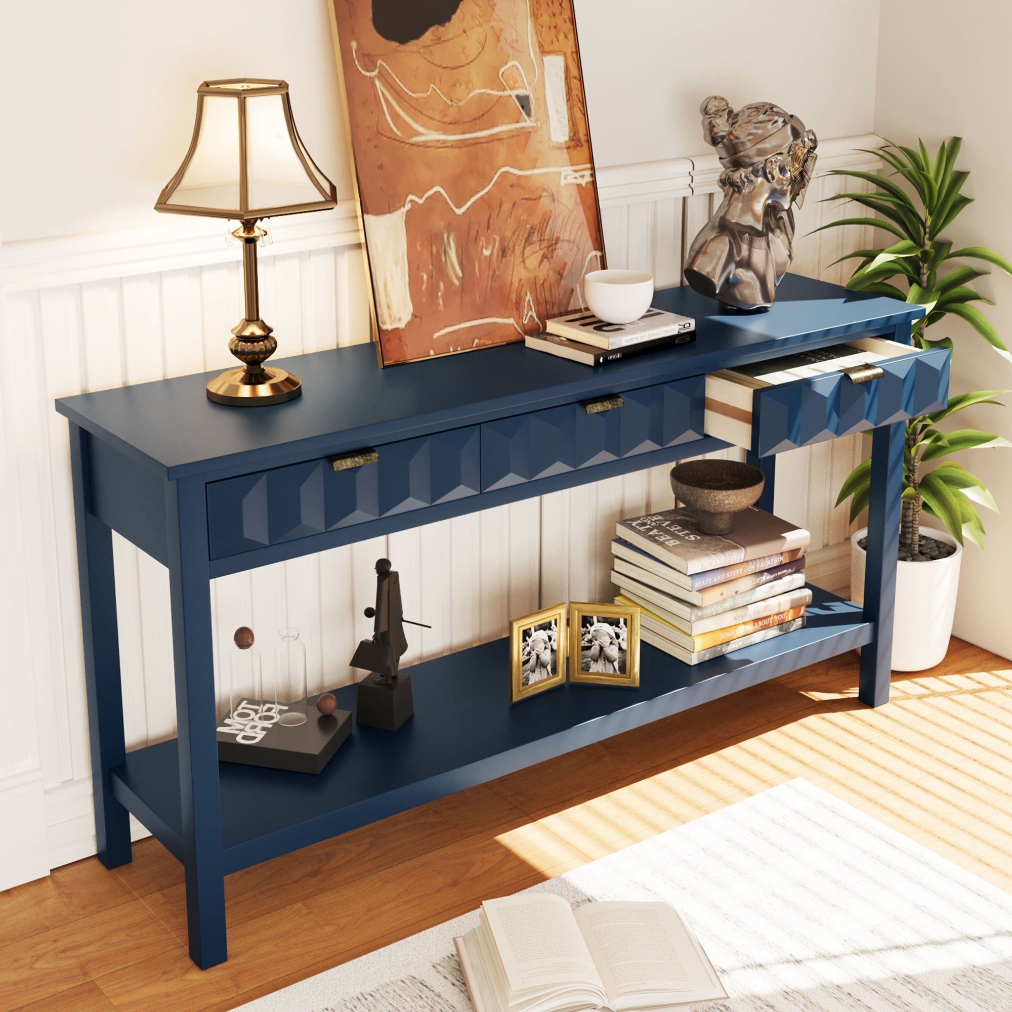 Honeycomb Pattern Console Table with 3 Drawers