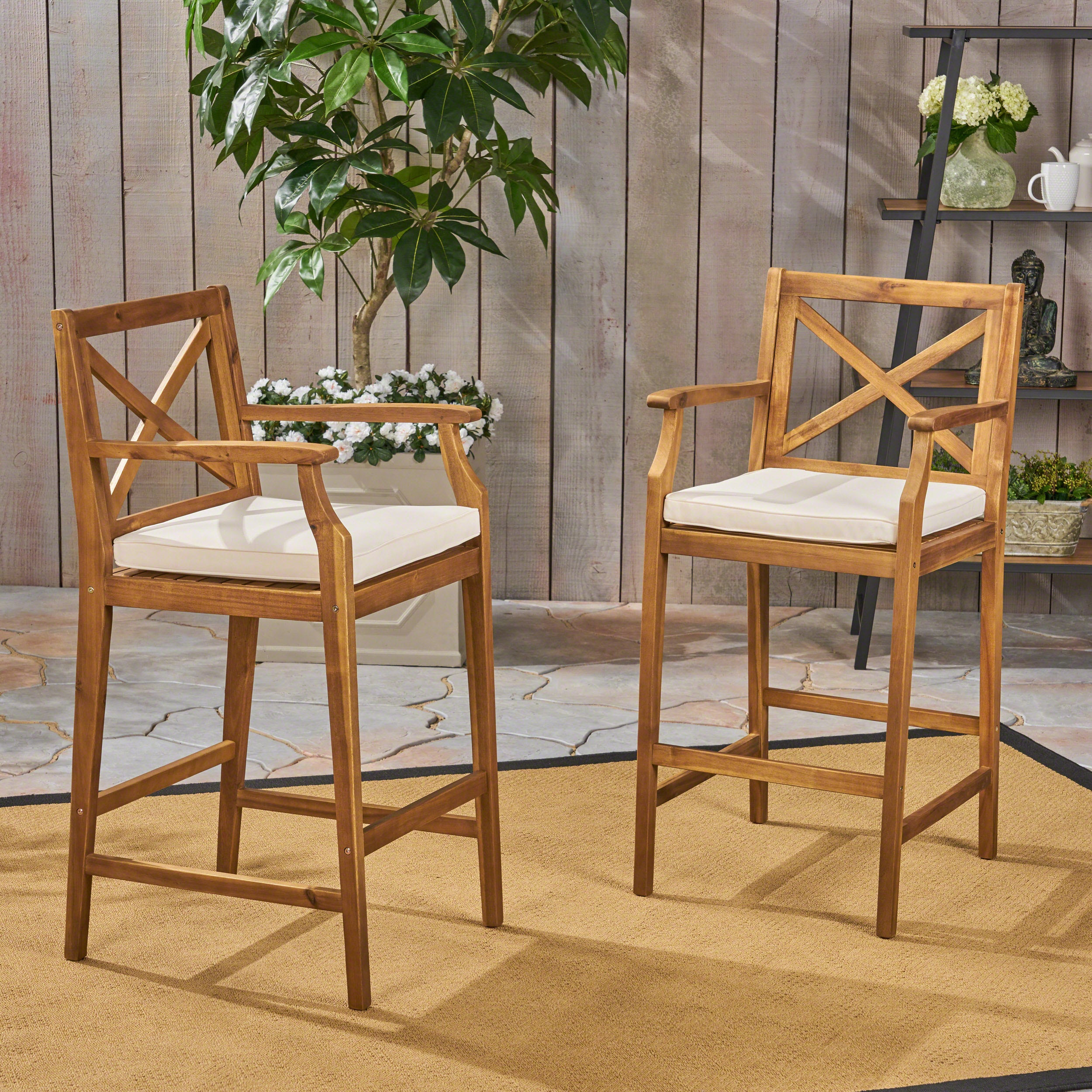 Perla Outdoor Acacia Wood Barstools, Set of 2