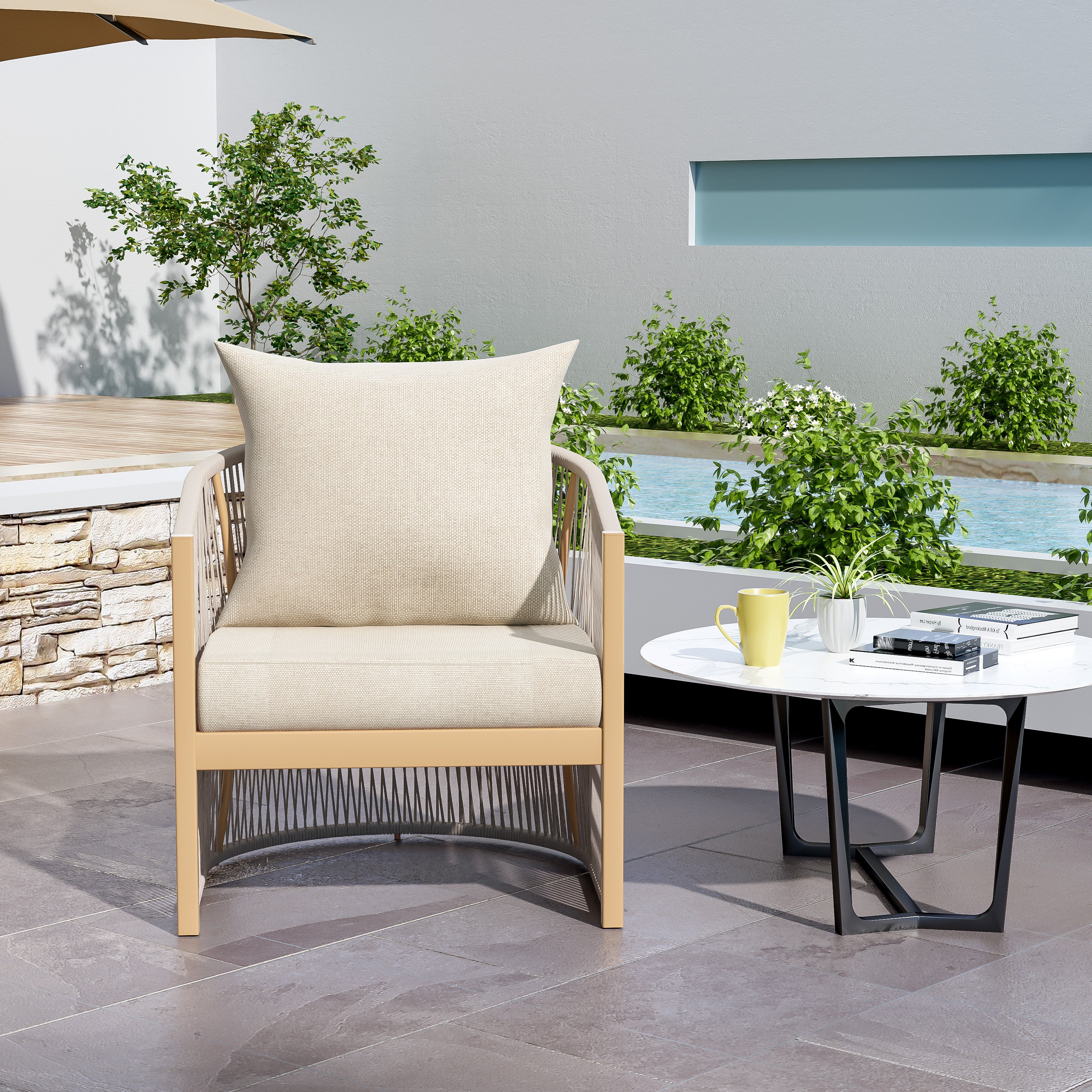 Outdoor Lounge Chair with Rope-Weave Design and Curved Frame
