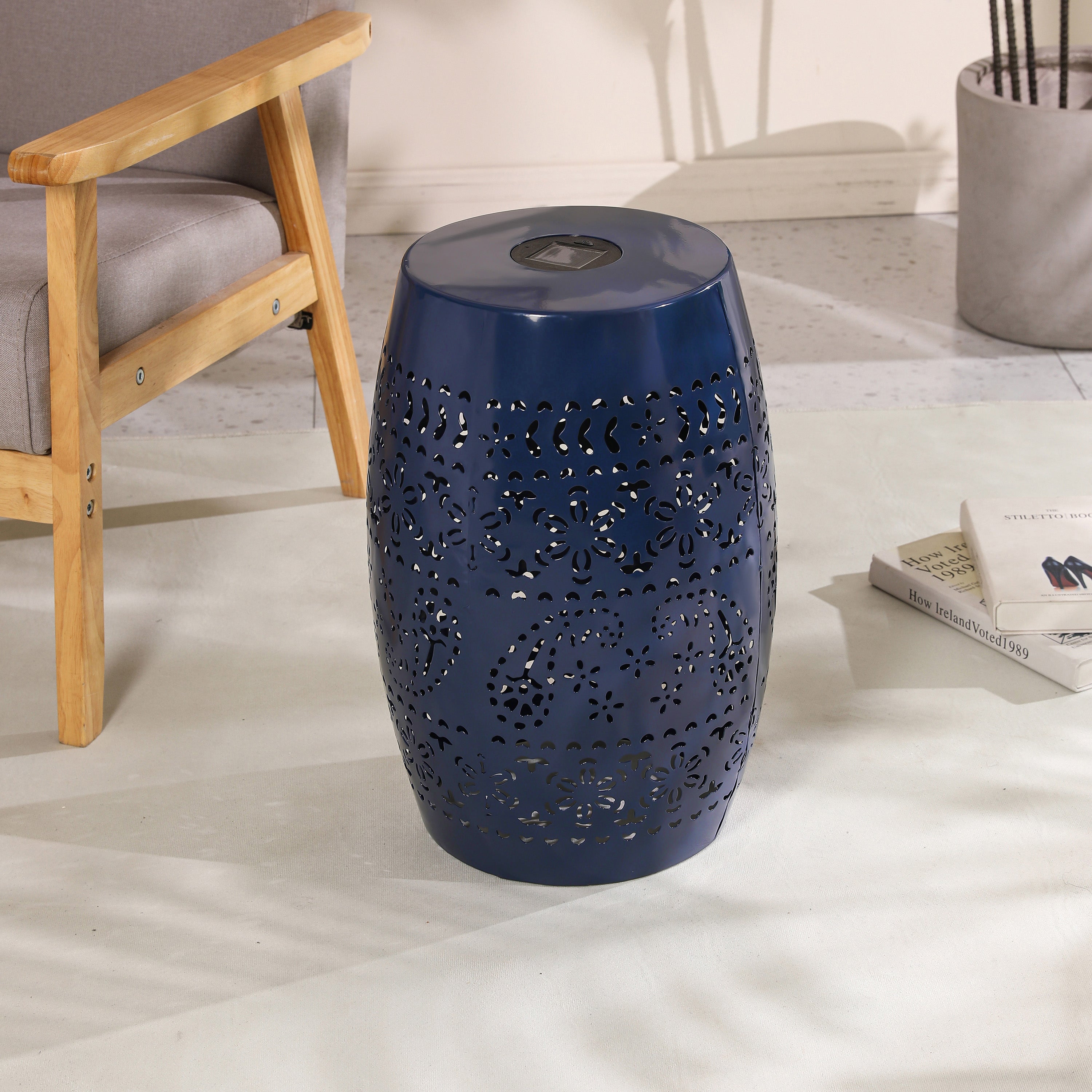 Sunhaven Punched Metal Solar Side Table with Built-in Solar Battery