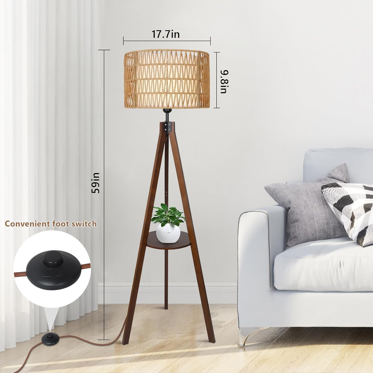 Tripod Floor Lamp with Shelf and Rattan Shades