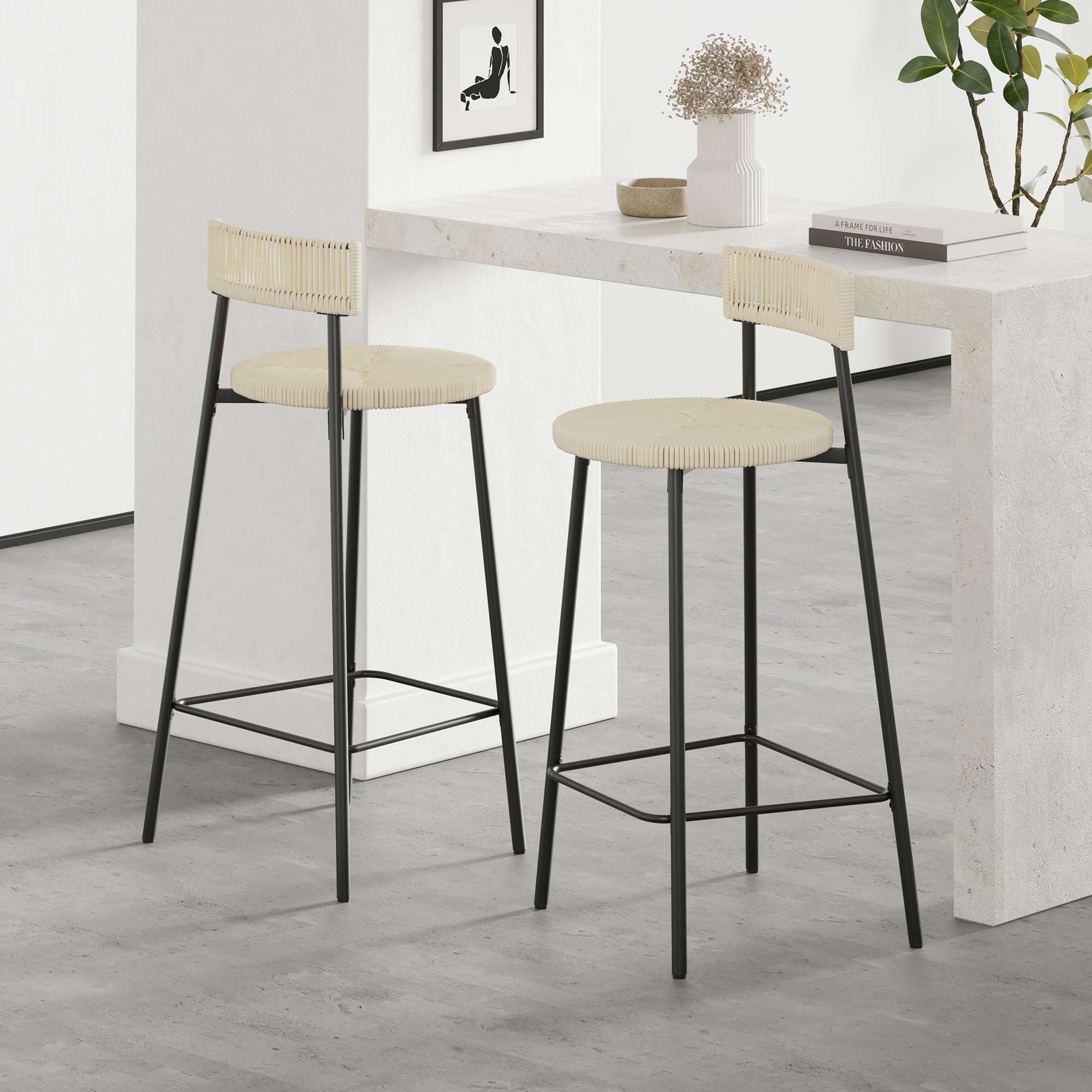 Boho Handwoven Paper Rope Counter Stools, Set of 2