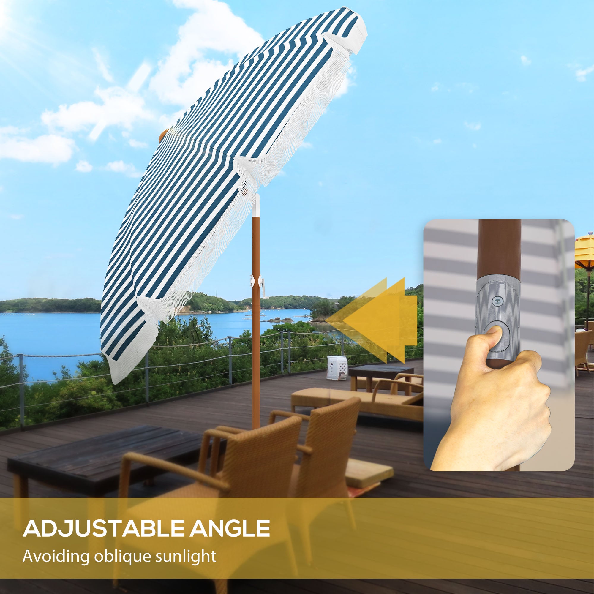 7' Nautical Stripe & Fringe Outdoor Patio Umbrella with Tilt