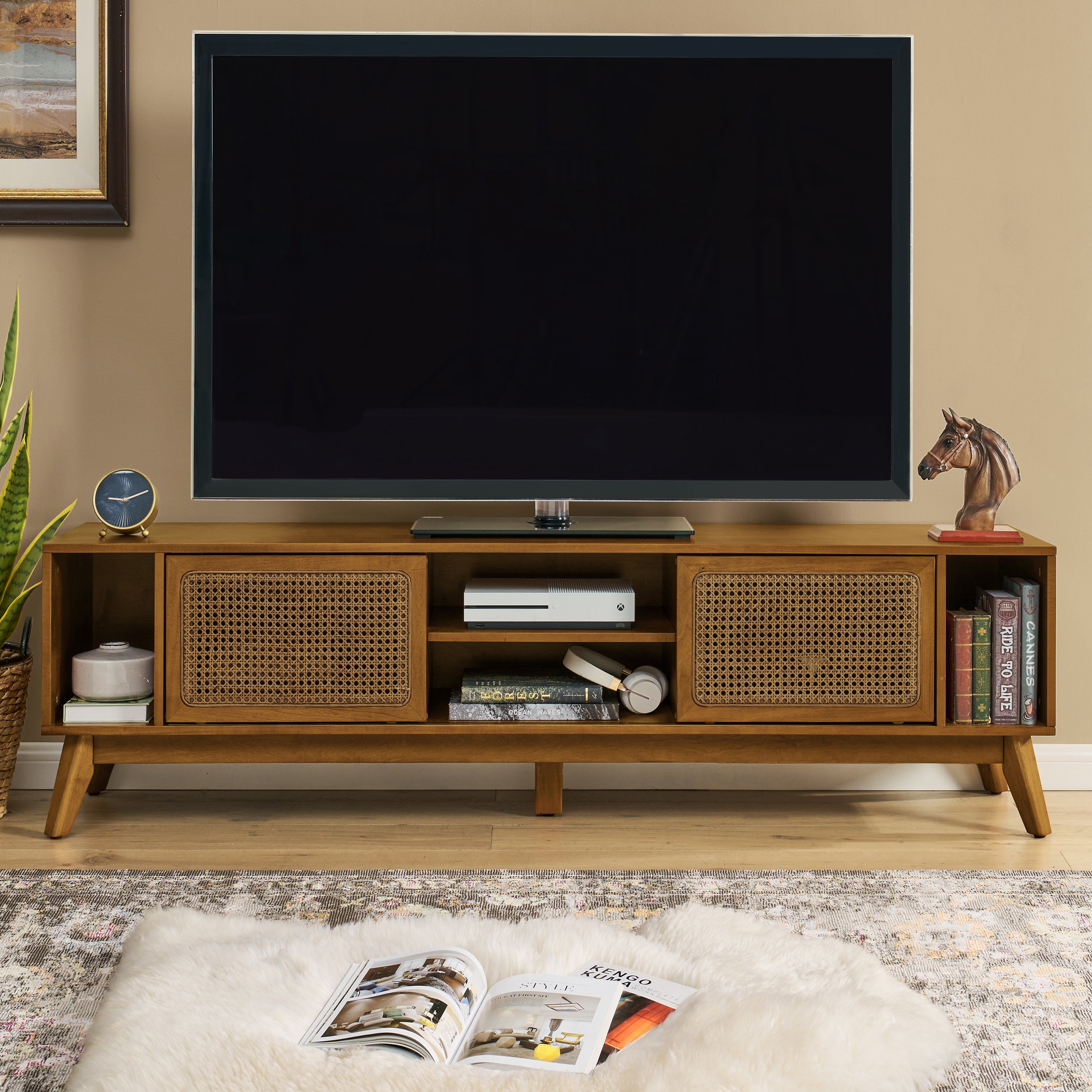 67.9 Inch Mid Century Modern Rattan TV Stand for TVs up to 75', Solid Wood Feet & Rattan Cabinet Doors