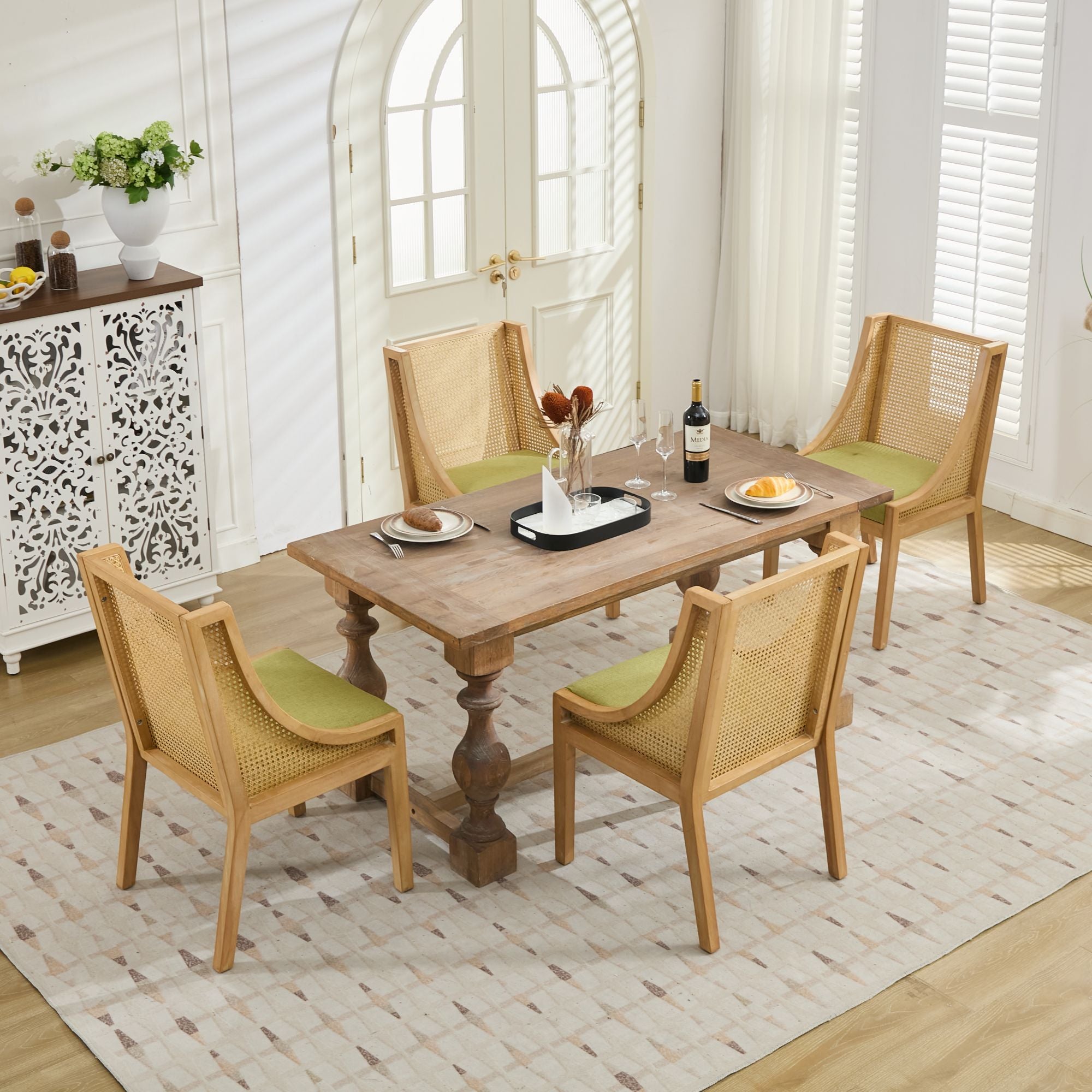 Linen Upholstered Rattan Dining Chair with Decorative Armrests